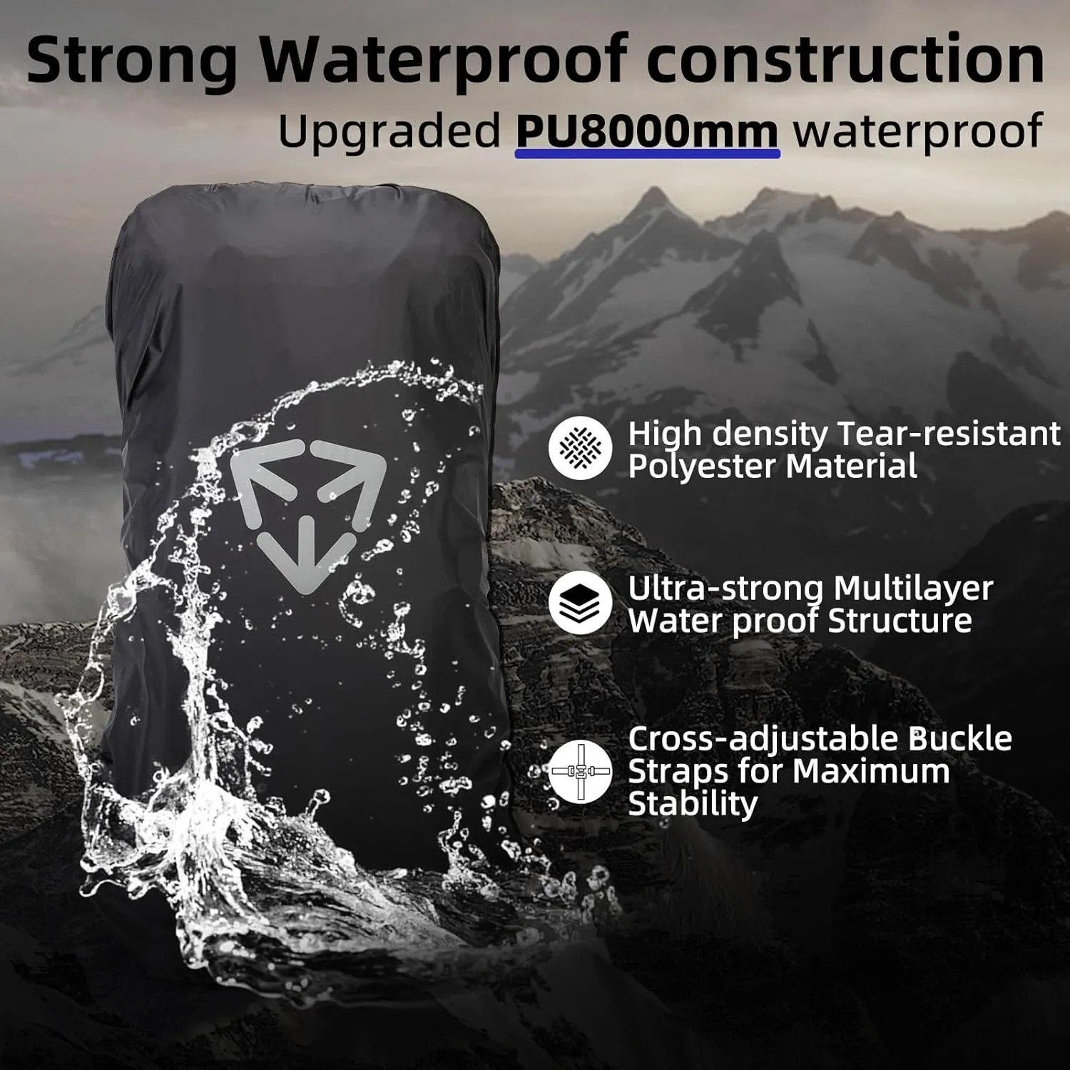 Backpack rain cover, waterproof backpack rain cover, suitable for 30L-70L backpacks, reinforced cross buckle, 2000mm waterproof level，Black (L)