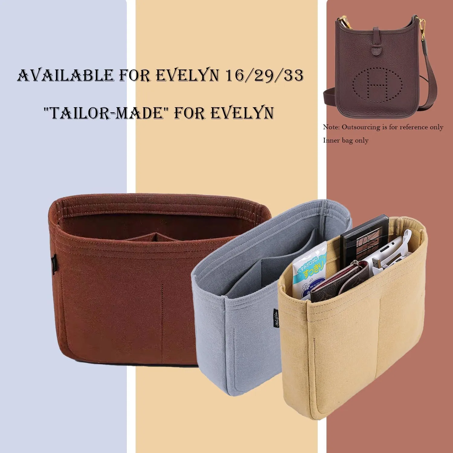 Bag Organizer Insert, Tote Purse Insert, Pocket Wallet Divider for Hermes Evelyne 16/29/33 (L(11.8×3.1×8.7), Beige)