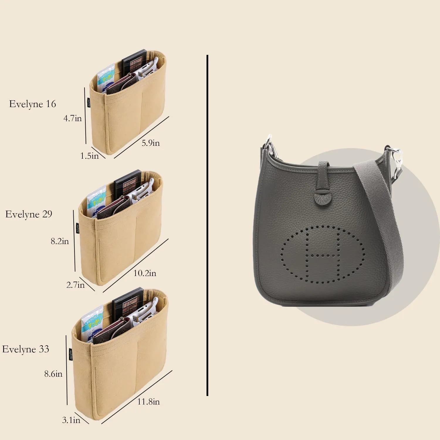 Bag Organizer Insert, Tote Purse Insert, Pocket Wallet Divider for Hermes Evelyne 16/29/33 (L(11.8×3.1×8.7), Beige)