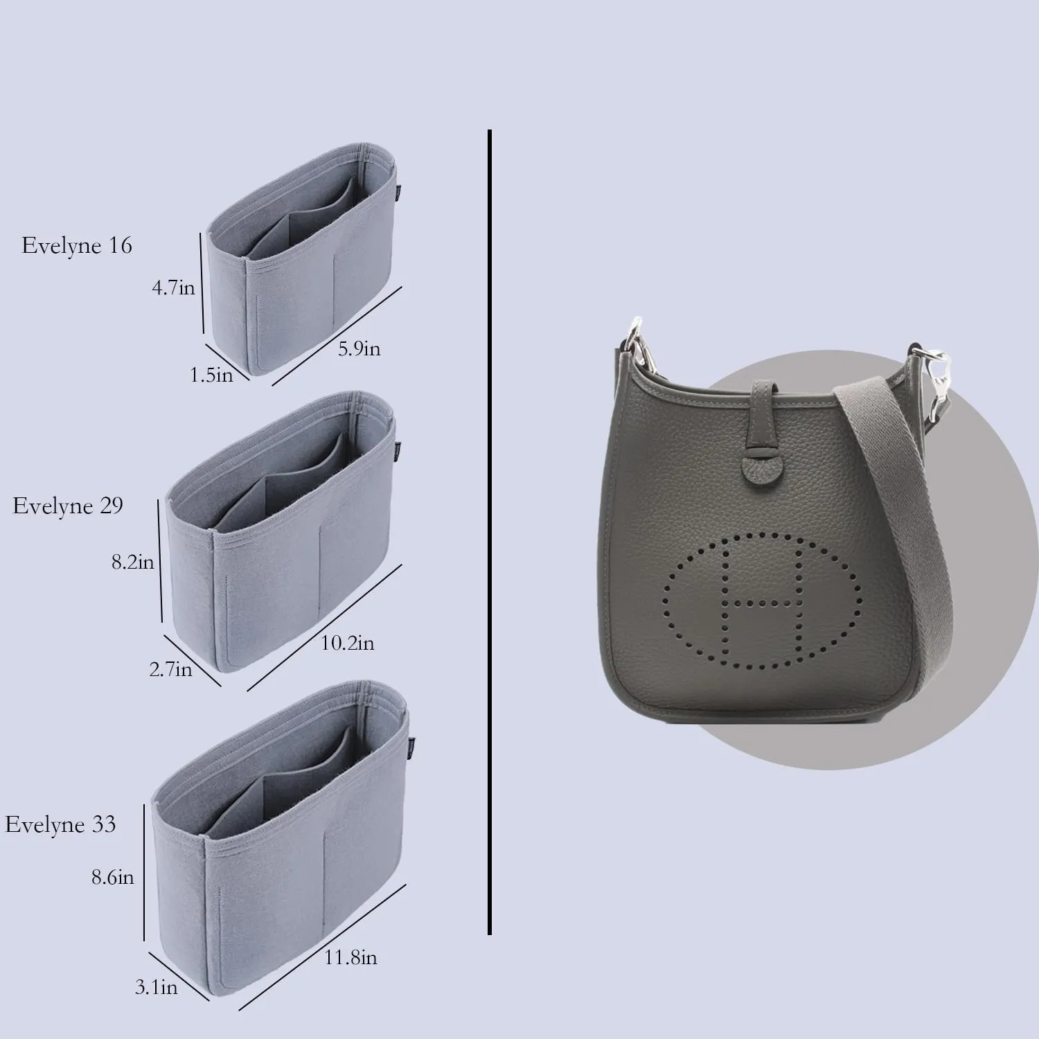 Bag Organizer Insert, Tote Purse Insert, Pocket Wallet Divider for Hermes Evelyne 16/29/33(M(10.2×3×8.2),Grey)