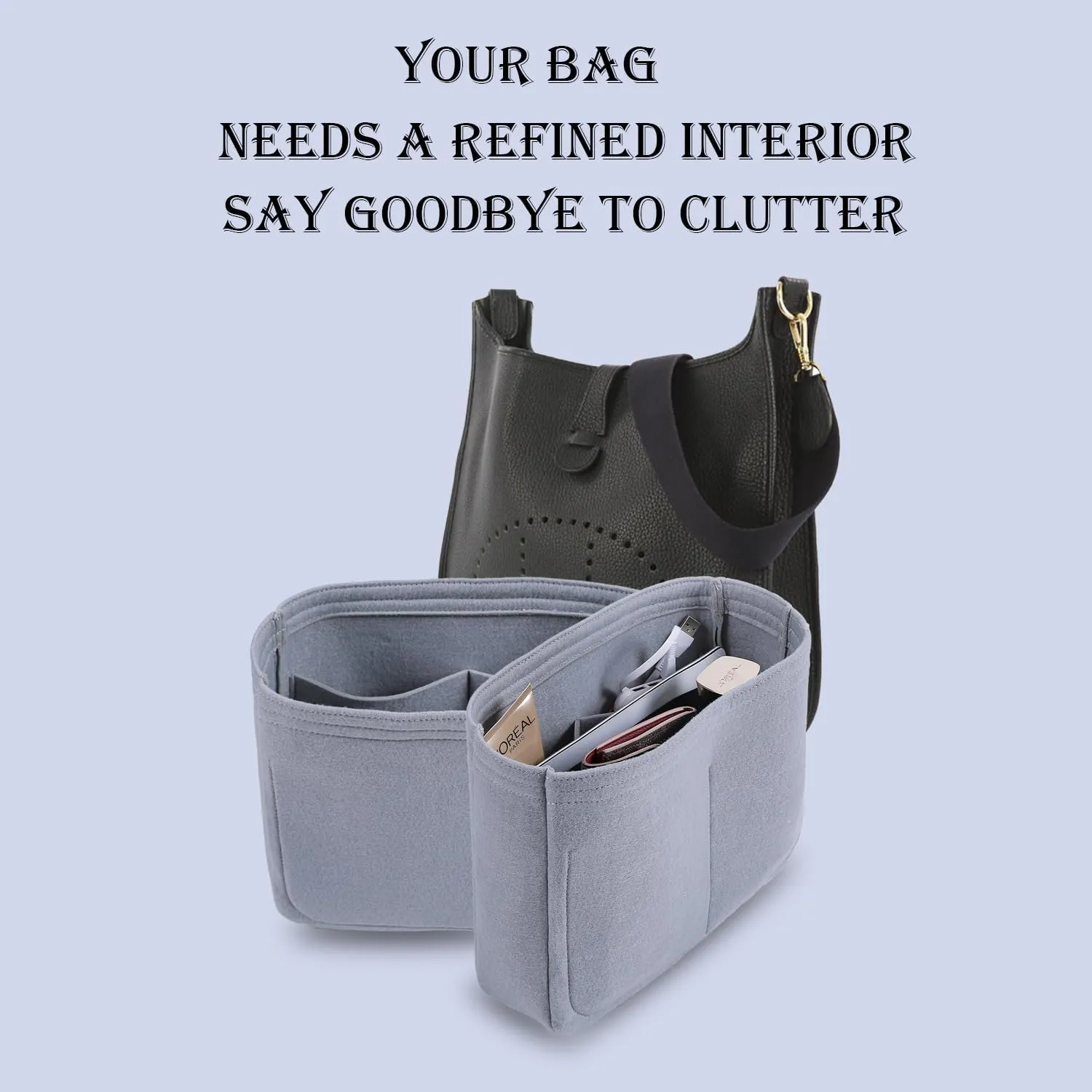 Bag Organizer Insert, Tote Purse Insert, Pocket Wallet Divider for Hermes Evelyne 16/29/33(M(10.2×3×8.2),Grey)