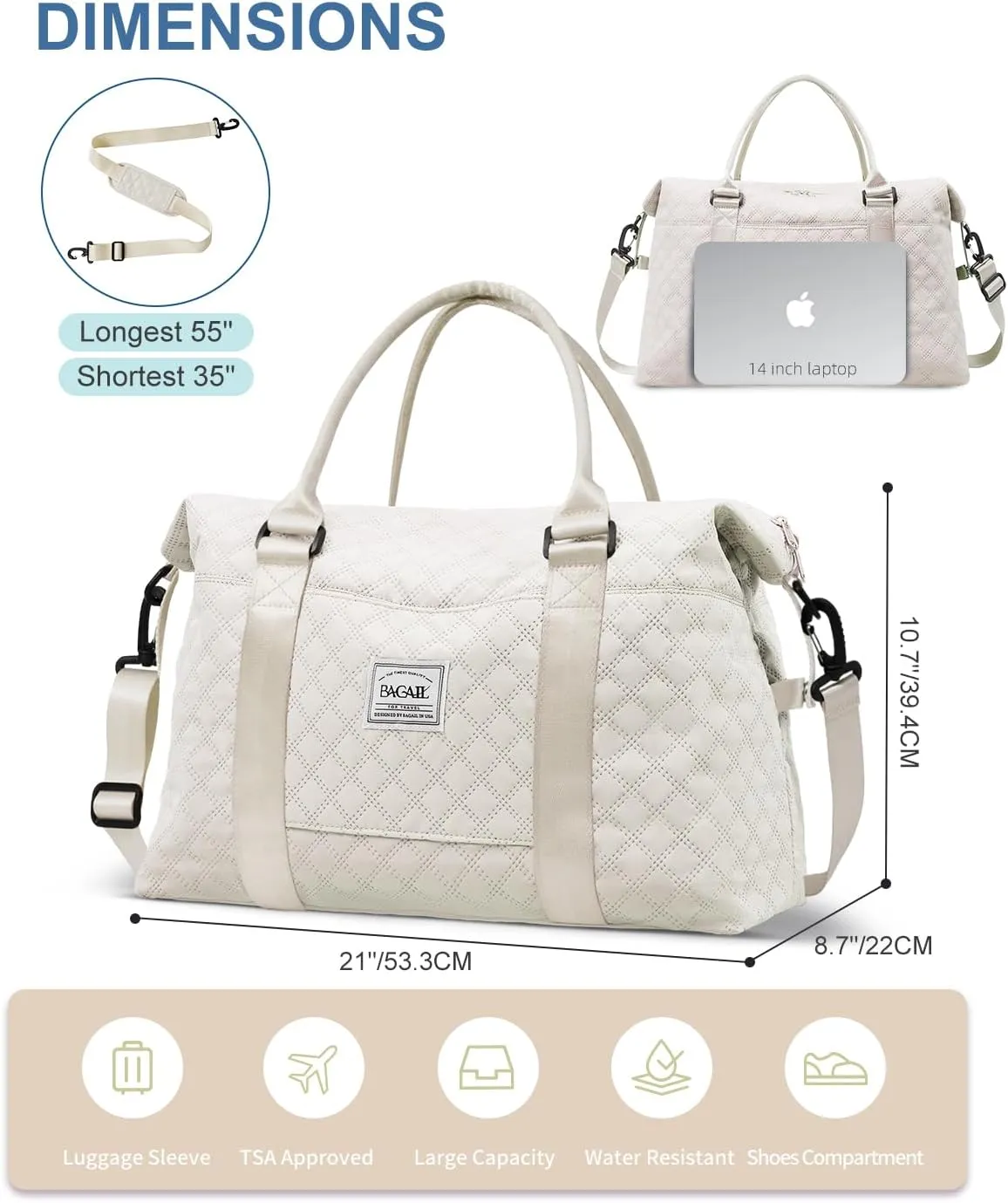 BAGAIL Travel Duffel Bag, Weekender Bags for Women, Overnight Gym Carry On Tote Bag with Wet Pocket, Hospital Mom Bag for Labor and Delivery - Grid-Ivory