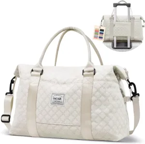 BAGAIL Travel Duffel Bag, Weekender Bags for Women, Overnight Gym Carry On Tote Bag with Wet Pocket, Hospital Mom Bag for Labor and Delivery - Grid-Ivory