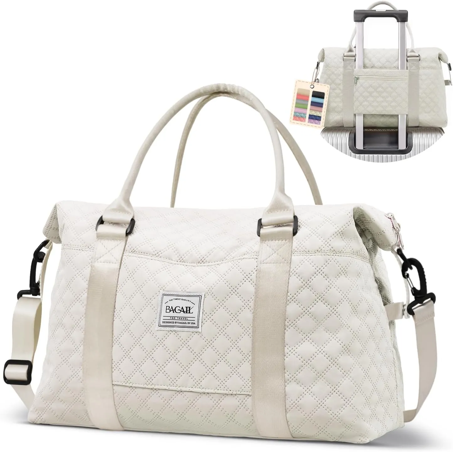 BAGAIL Travel Duffel Bag, Weekender Bags for Women, Overnight Gym Carry On Tote Bag with Wet Pocket, Hospital Mom Bag for Labor and Delivery - Grid-Ivory