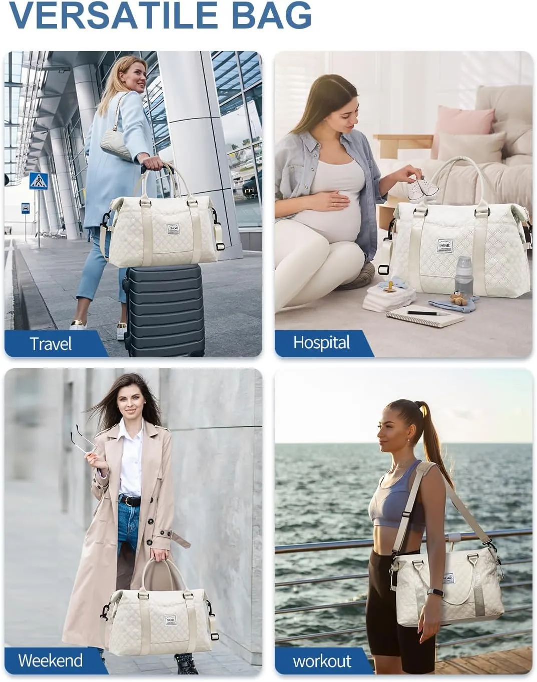 BAGAIL Travel Duffel Bag, Weekender Bags for Women, Overnight Gym Carry On Tote Bag with Wet Pocket, Hospital Mom Bag for Labor and Delivery - Grid-Ivory
