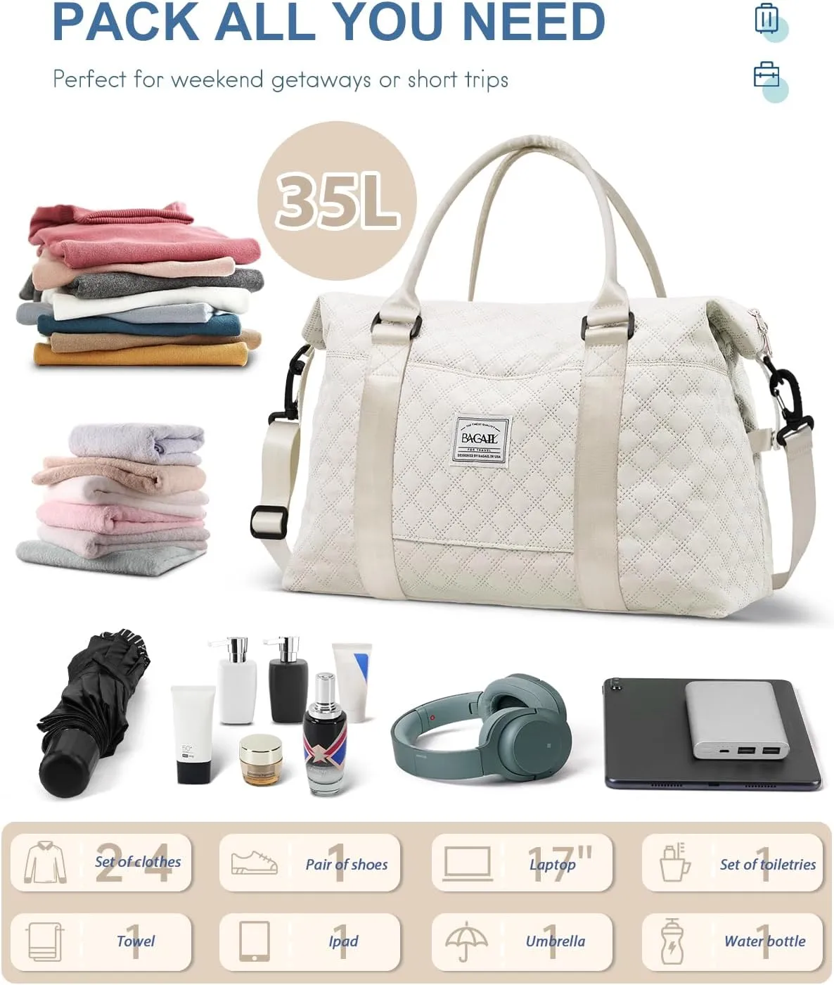 BAGAIL Travel Duffel Bag, Weekender Bags for Women, Overnight Gym Carry On Tote Bag with Wet Pocket, Hospital Mom Bag for Labor and Delivery - Grid-Ivory