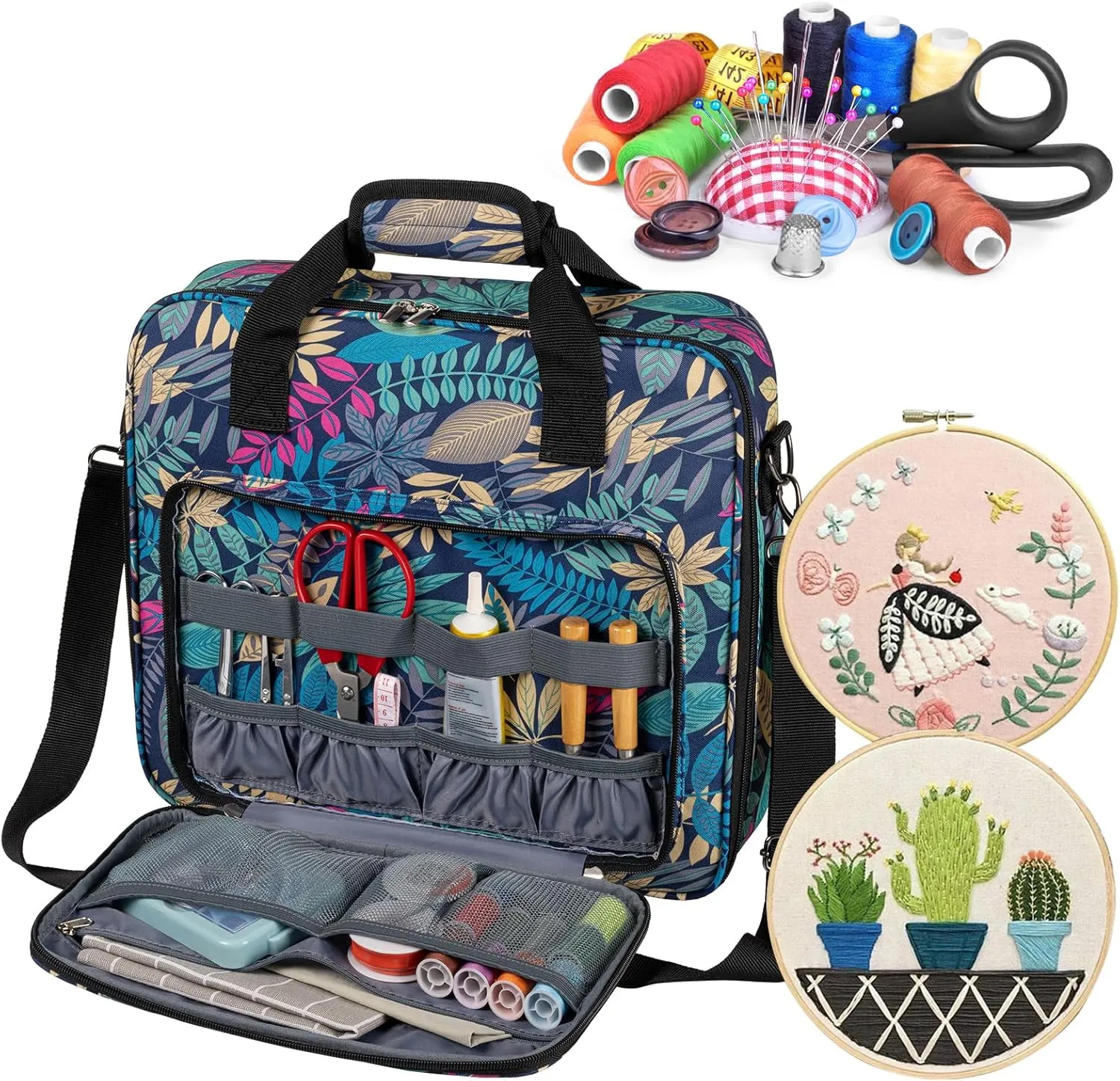 BAGLHER Cross Stitch & Embroidery Organizer Bag - Large Portable Project Storage with 3 Compartments, Travel Friendly Carrying Case for 11.2" Hoops, Threads, Supplies (Hawaii)