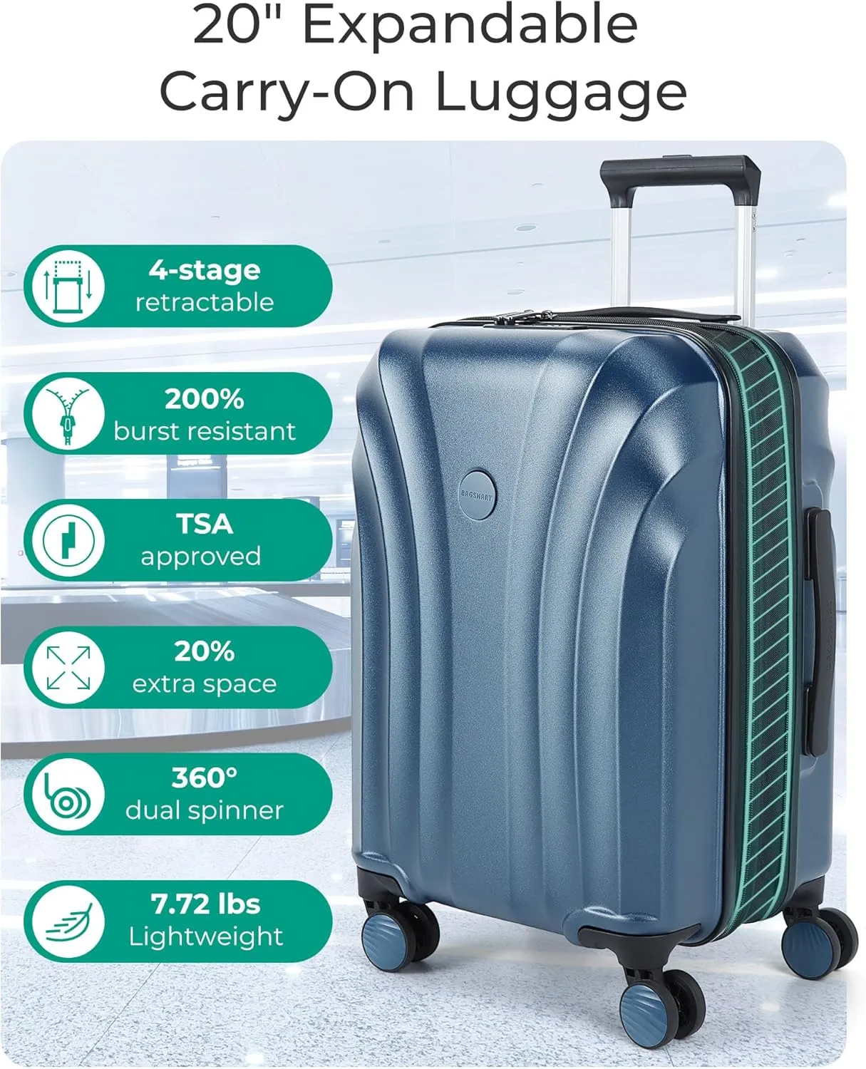 BAGSMART Carry On Luggage 22x14x9 Airline Approved with TSA Lock, Expandable Hard Shell Suitcase with Spinner Wheels, Lightweight 20 Inch Travel Rolling Carry-On Luggage, Light Blue