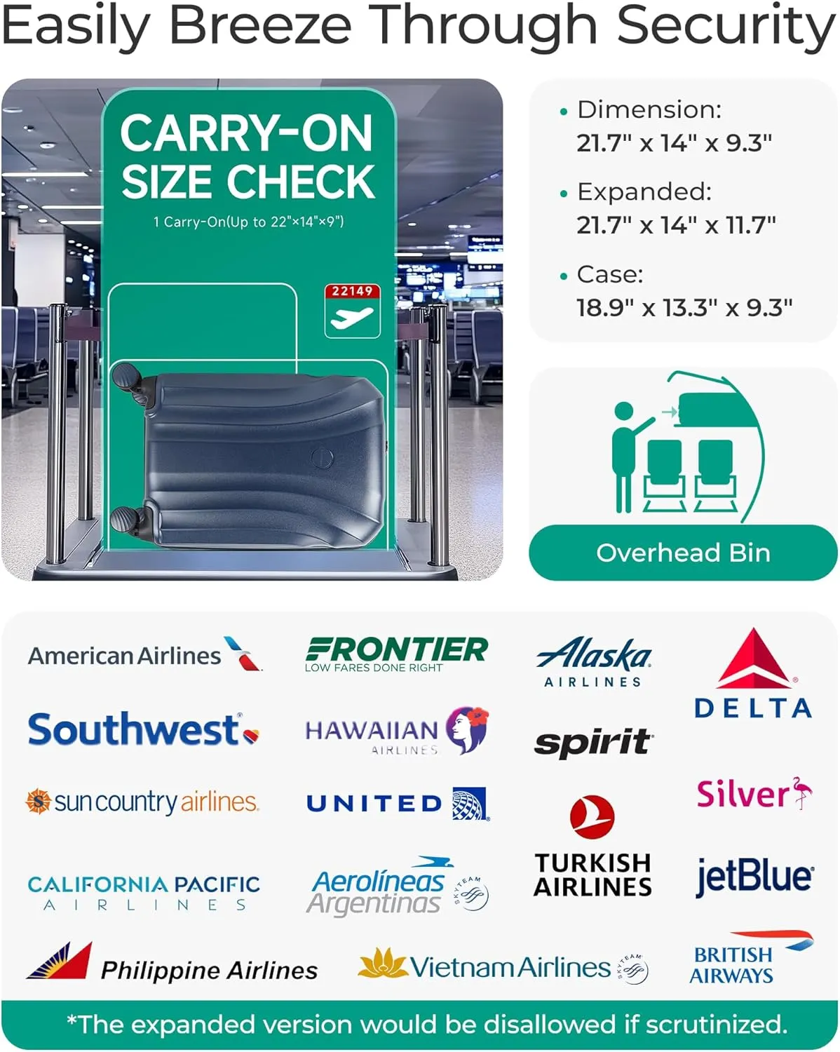 BAGSMART Carry On Luggage 22x14x9 Airline Approved with TSA Lock, Expandable Hard Shell Suitcase with Spinner Wheels, Lightweight 20 Inch Travel Rolling Carry-On Luggage, Light Blue