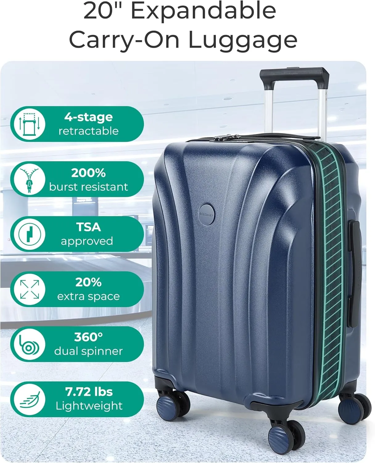 BAGSMART Carry On Luggage 22x14x9 Airline Approved with TSA Lock, Expandable Hard Shell Suitcase with Spinner Wheels, Lightweight 20 Inch Travel Rolling Carry-On Luggage, Light Blue