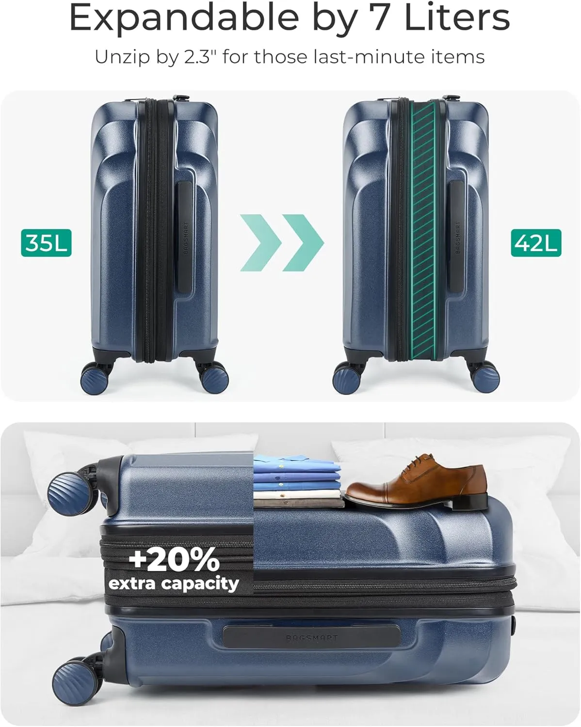 BAGSMART Carry On Luggage 22x14x9 Airline Approved with TSA Lock, Expandable Hard Shell Suitcase with Spinner Wheels, Lightweight 20 Inch Travel Rolling Carry-On Luggage, Light Blue