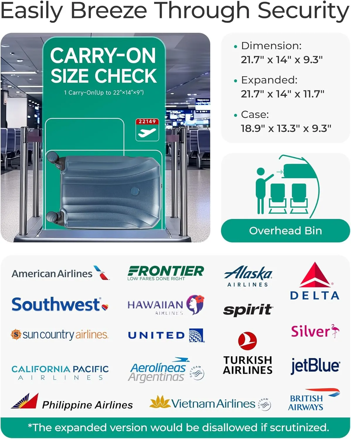 BAGSMART Carry On Luggage 22x14x9 Airline Approved with TSA Lock, Expandable Hard Shell Suitcase with Spinner Wheels, Lightweight 20 Inch Travel Rolling Carry-On Luggage, Light Blue