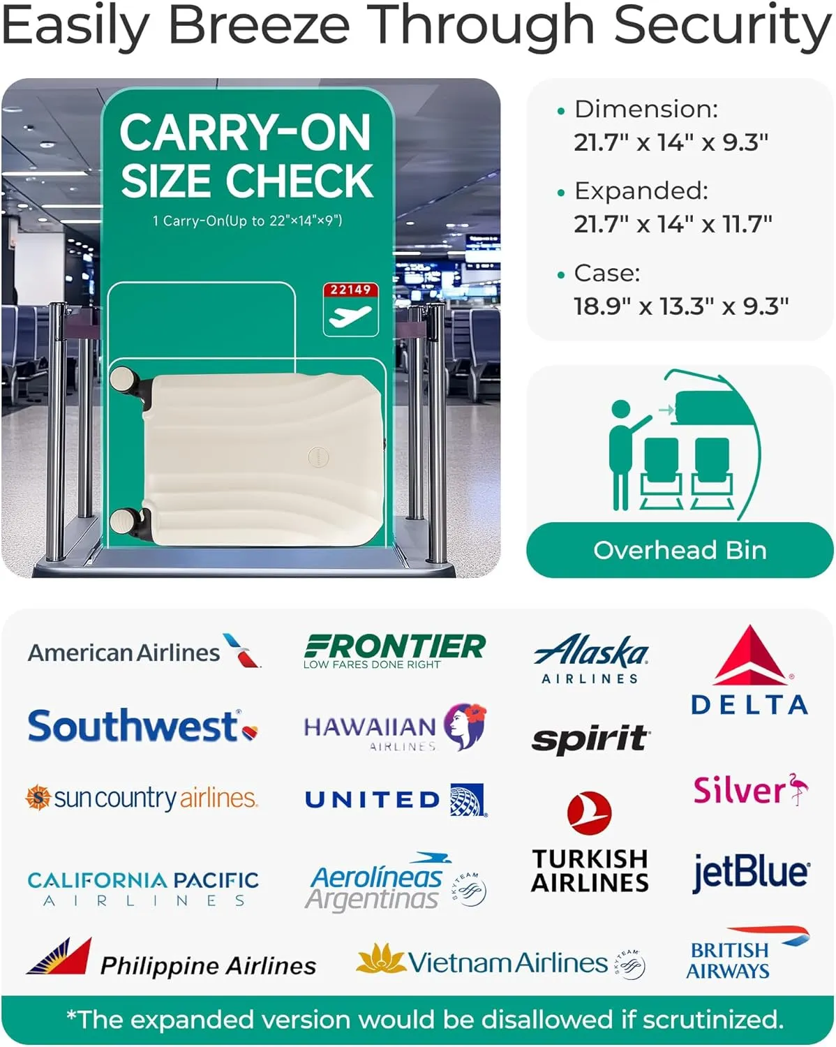 BAGSMART Carry On Luggage 22x14x9 Airline Approved with TSA Lock, Expandable Hard Shell Suitcase with Spinner Wheels, Lightweight 20 Inch Travel Rolling Carry-On Luggage, Off White