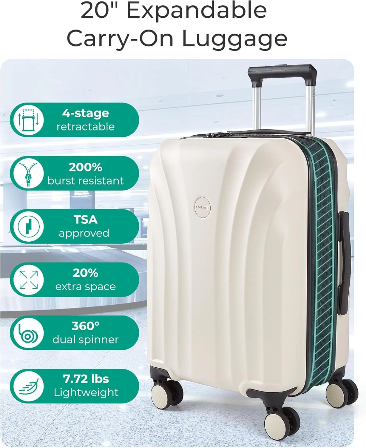 BAGSMART Carry On Luggage 22x14x9 Airline Approved with TSA Lock, Expandable Hard Shell Suitcase with Spinner Wheels, Lightweight 20 Inch Travel Rolling Carry-On Luggage, Off White