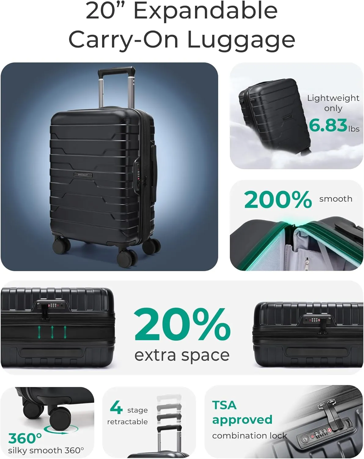BAGSMART Carry On Luggage 22x14x9 Airline Approved with TSA Lock,20 Inch Lightweight Luggage with Spinner Wheels,100% PC Hard Shell Carry On Suitcases for Men Women,Black