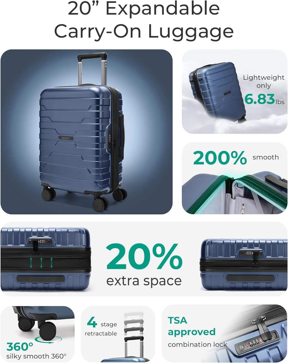 BAGSMART Carry On Luggage 22x14x9 Airline Approved with TSA Lock,20 Inch Lightweight Luggage with Spinner Wheels,100% PC Hard Shell Carry On Suitcases for Men Women,Dark Blue