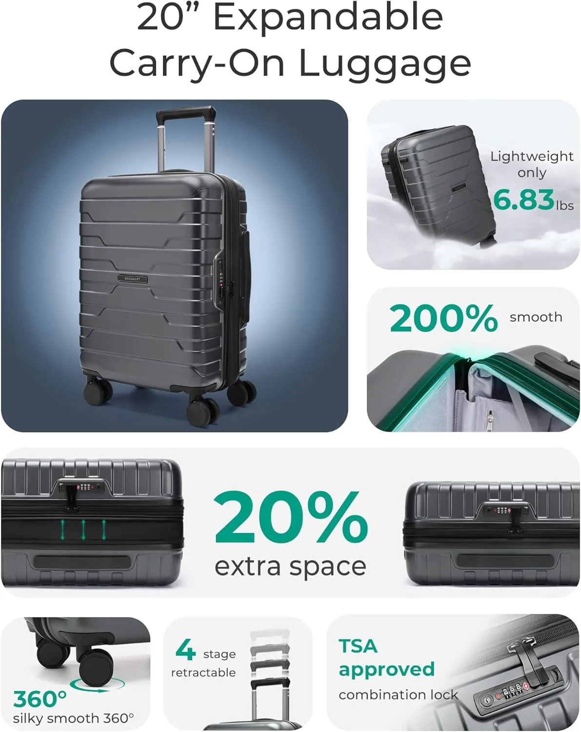 BAGSMART Carry On Luggage 22x14x9 Airline Approved with TSA Lock,20 Inch Lightweight Luggage with Spinner Wheels,100% PC Hard Shell Carry On Suitcases for Men Women,Gray