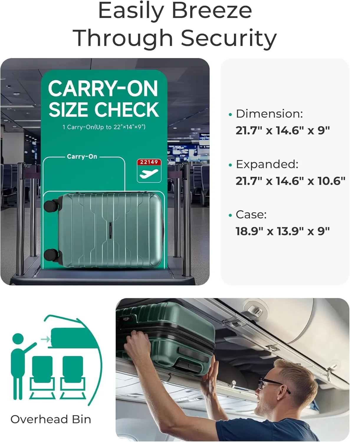 BAGSMART Carry On Luggage 22x14x9 Airline Approved with TSA Lock,20 Inch Lightweight Luggage with Spinner Wheels,100% PC Hard Shell Carry On Suitcases for Men Women,Pine Green