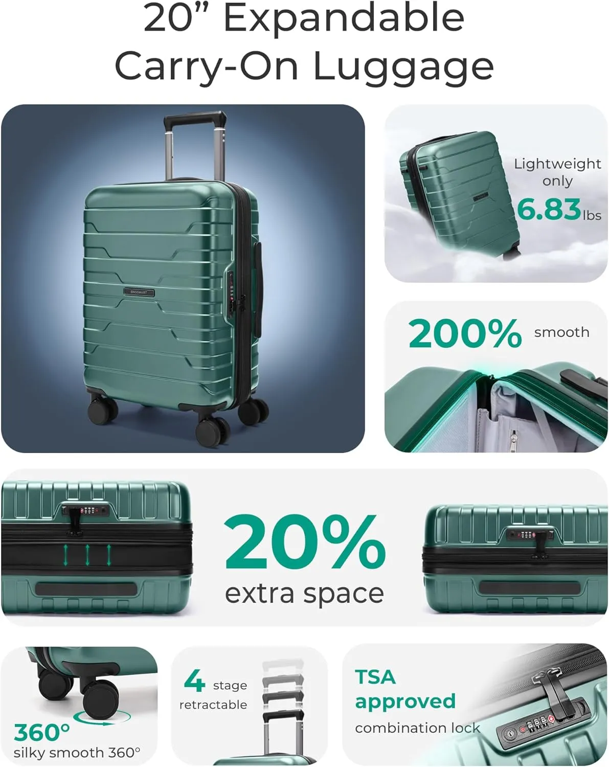 BAGSMART Carry On Luggage 22x14x9 Airline Approved with TSA Lock,20 Inch Lightweight Luggage with Spinner Wheels,100% PC Hard Shell Carry On Suitcases for Men Women,Pine Green