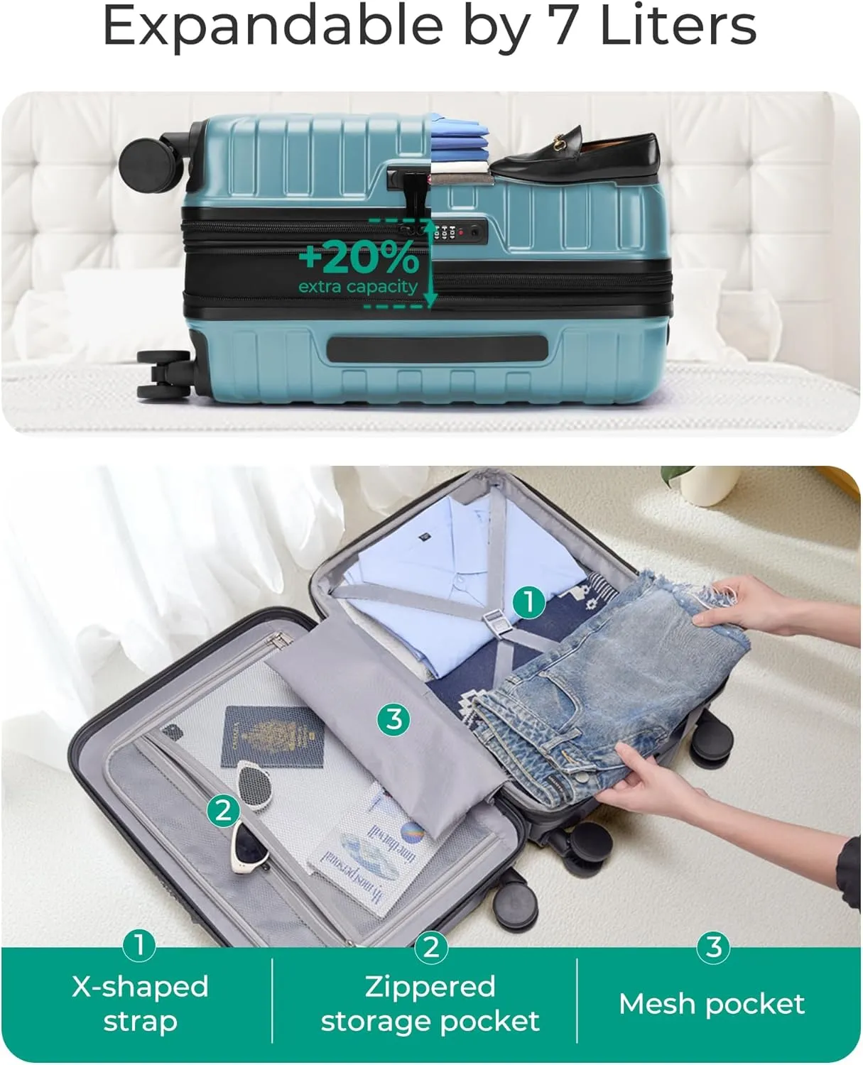 BAGSMART Carry On Luggage 22x14x9 Airline Approved with TSA Lock,20 Inch Lightweight Luggage with Spinner Wheels,100% PC Hard Shell Carry On Suitcases for Men Women,Teal Blue