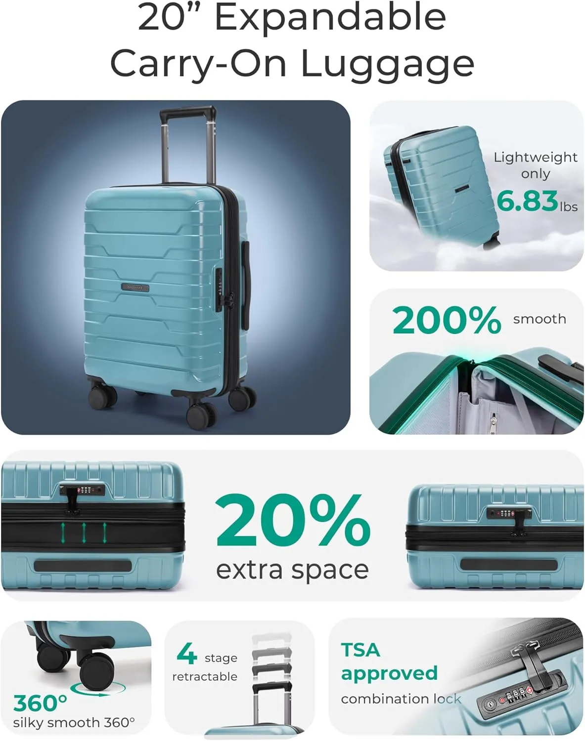 BAGSMART Carry On Luggage 22x14x9 Airline Approved with TSA Lock,20 Inch Lightweight Luggage with Spinner Wheels,100% PC Hard Shell Carry On Suitcases for Men Women,Teal Blue