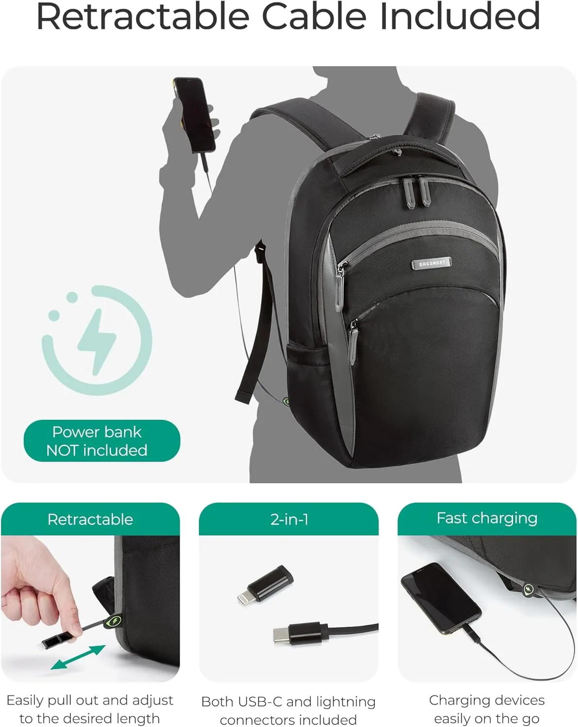 BAGSMART Laptop Backpack for Men, Black Backpack with Retractable Cable, 15.6 Inch Business Backpack for Men, College Computer Backpack, Black