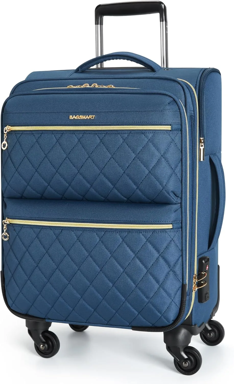 BAGSMART Softside Expandable Luggage Airline Approved with Spinner Wheels, 20 Inch Carry On Luggage 22x14x9 with TSA Lock, Quilted Rolling Suitcases for Women, Navy Blue