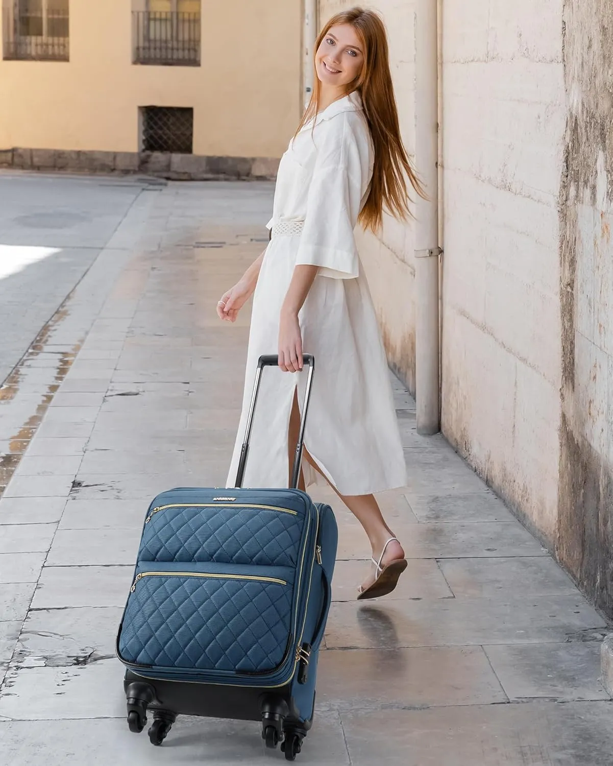 BAGSMART Softside Expandable Luggage Airline Approved with Spinner Wheels, 20 Inch Carry On Luggage 22x14x9 with TSA Lock, Quilted Rolling Suitcases for Women, Navy Blue
