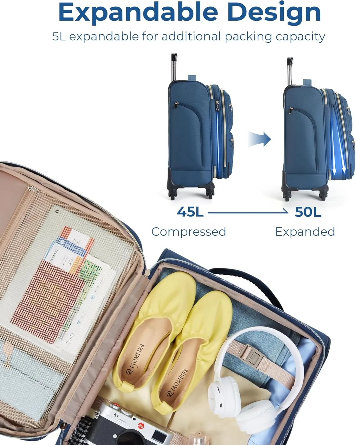 BAGSMART Softside Expandable Luggage Airline Approved with Spinner Wheels, 20 Inch Carry On Luggage 22x14x9 with TSA Lock, Quilted Rolling Suitcases for Women, Navy Blue