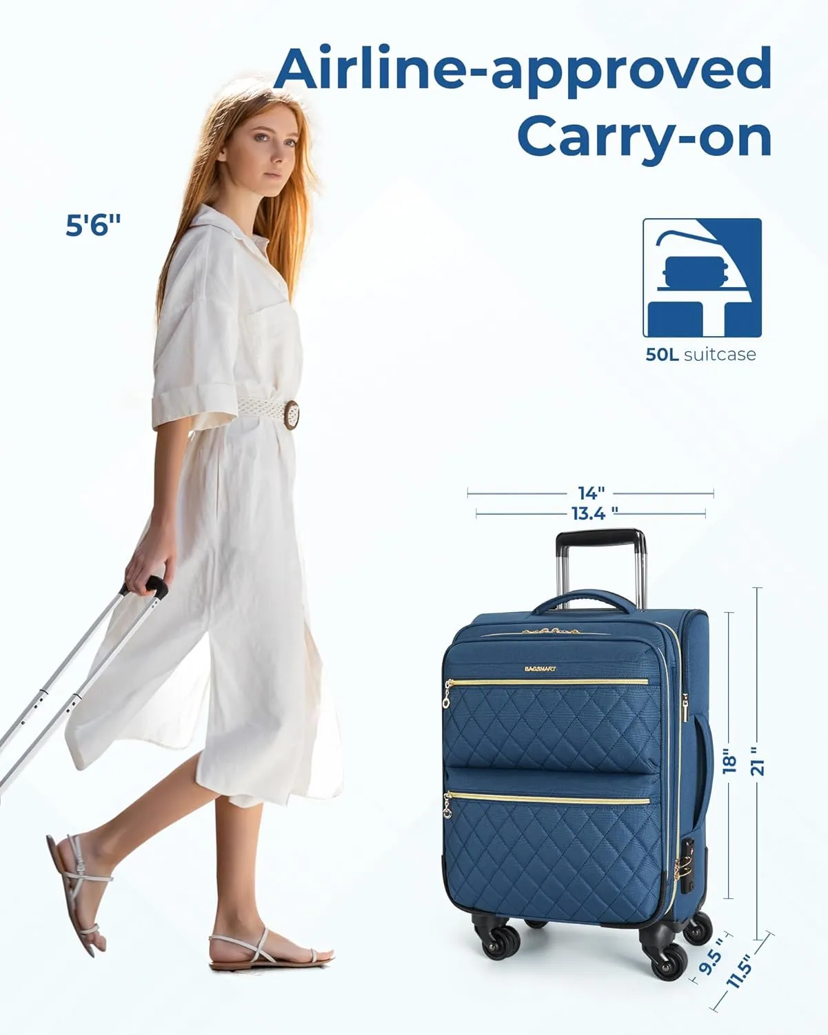 BAGSMART Softside Expandable Luggage Airline Approved with Spinner Wheels, 20 Inch Carry On Luggage 22x14x9 with TSA Lock, Quilted Rolling Suitcases for Women, Navy Blue