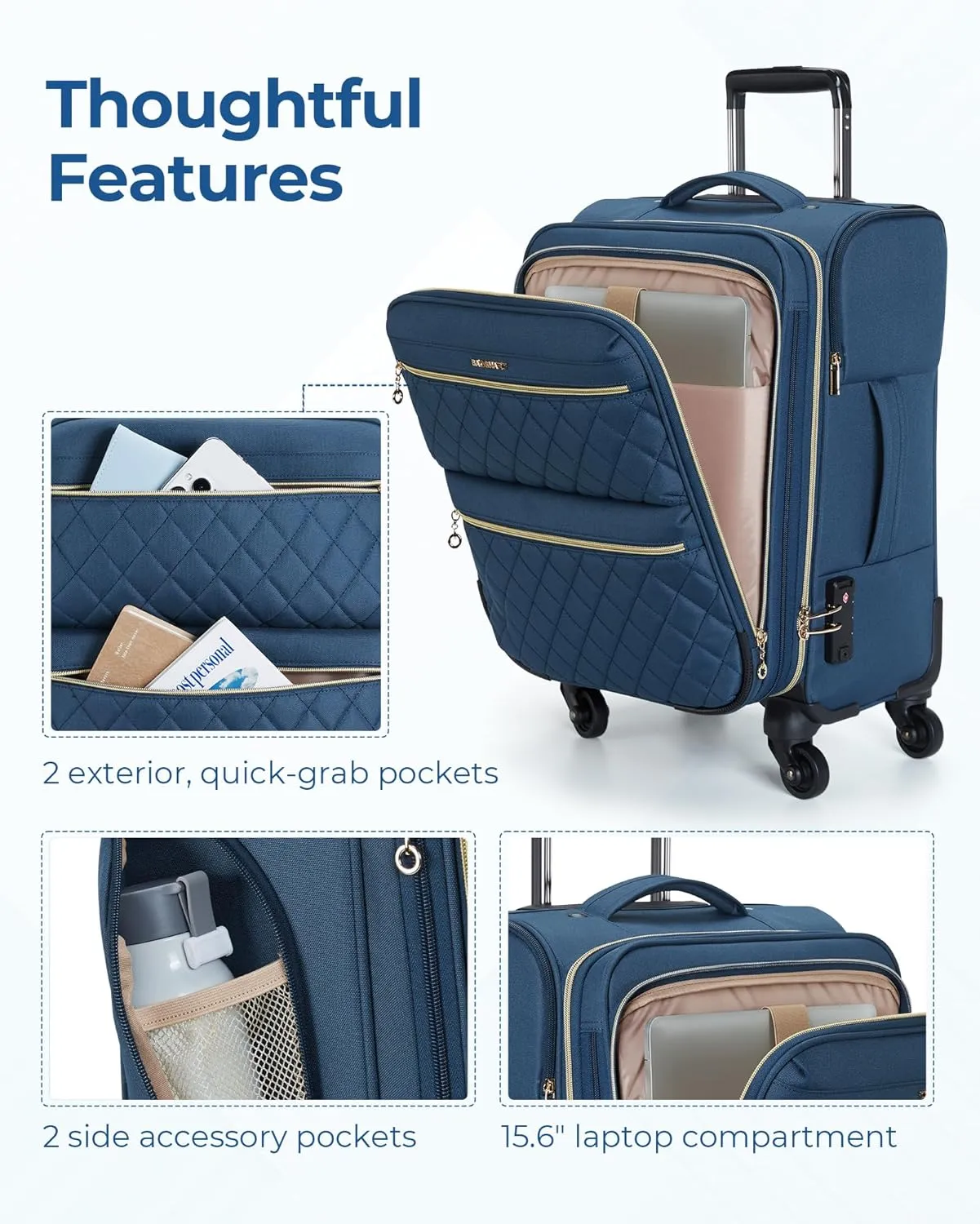 BAGSMART Softside Expandable Luggage Airline Approved with Spinner Wheels, 20 Inch Carry On Luggage 22x14x9 with TSA Lock, Quilted Rolling Suitcases for Women, Navy Blue