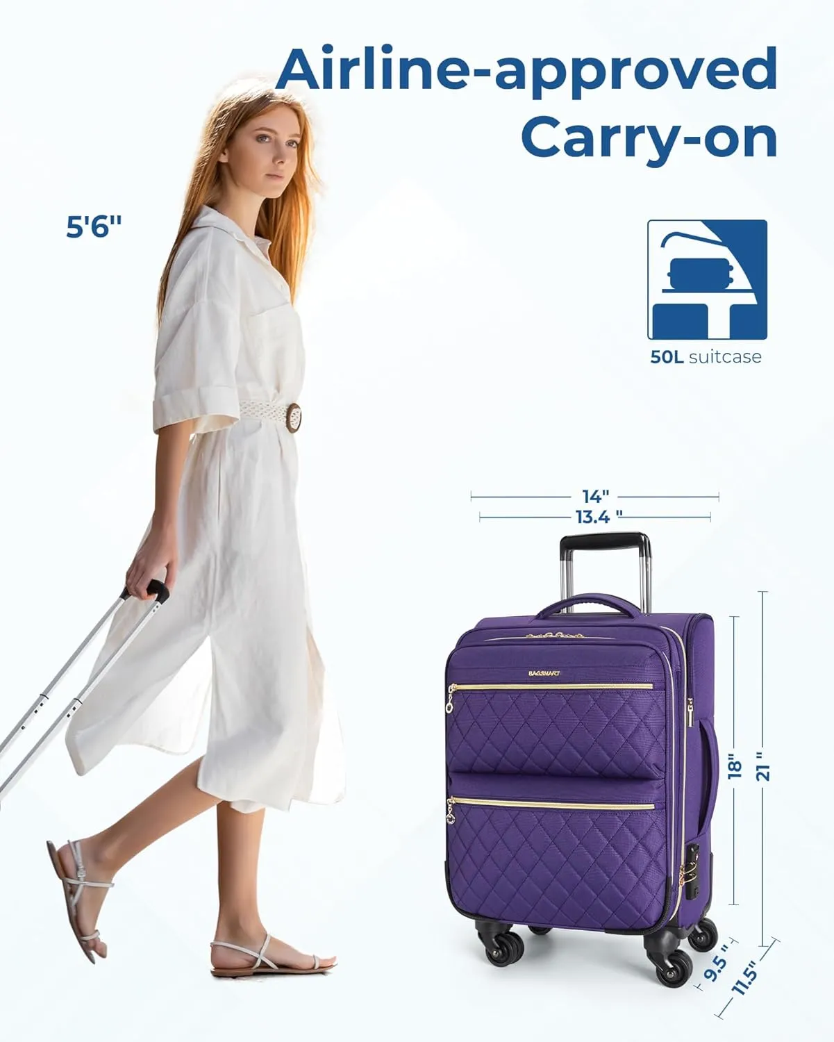 BAGSMART Softside Expandable Luggage Airline Approved with Spinner Wheels, 20 Inch Carry On Luggage 22x14x9 with TSA Lock, Quilted Rolling Suitcases for Women, Purple