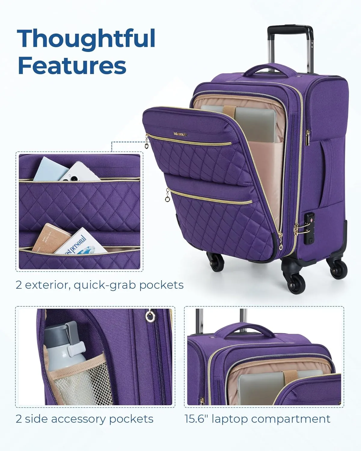 BAGSMART Softside Expandable Luggage Airline Approved with Spinner Wheels, 20 Inch Carry On Luggage 22x14x9 with TSA Lock, Quilted Rolling Suitcases for Women, Purple