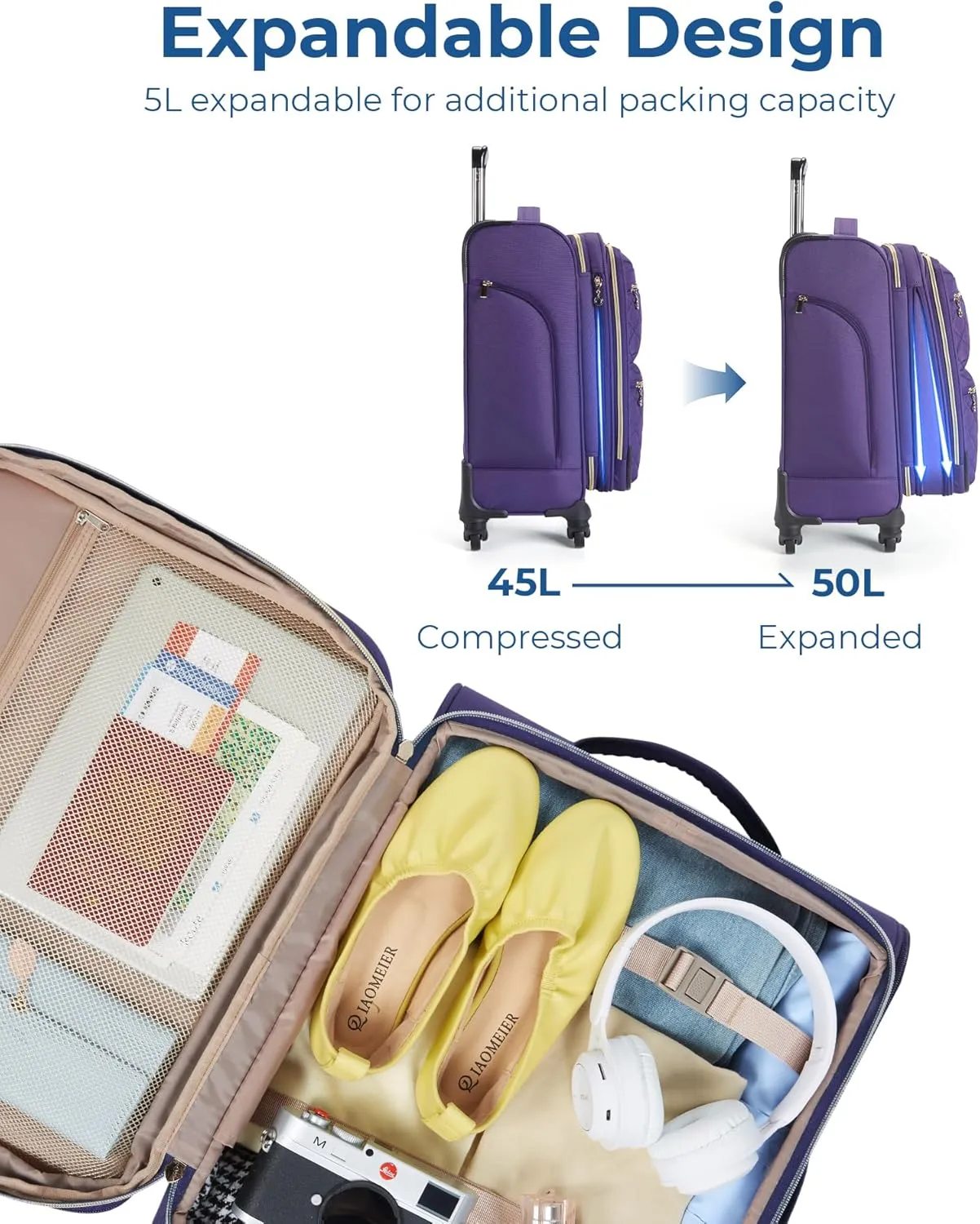 BAGSMART Softside Expandable Luggage Airline Approved with Spinner Wheels, 20 Inch Carry On Luggage 22x14x9 with TSA Lock, Quilted Rolling Suitcases for Women, Purple