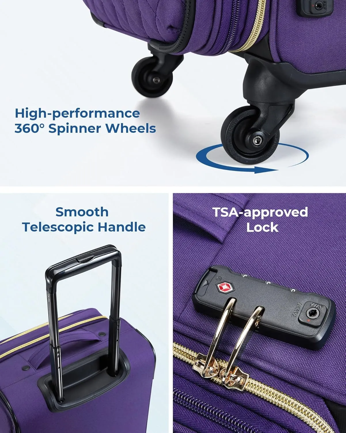 BAGSMART Softside Expandable Luggage Airline Approved with Spinner Wheels, 20 Inch Carry On Luggage 22x14x9 with TSA Lock, Quilted Rolling Suitcases for Women, Purple