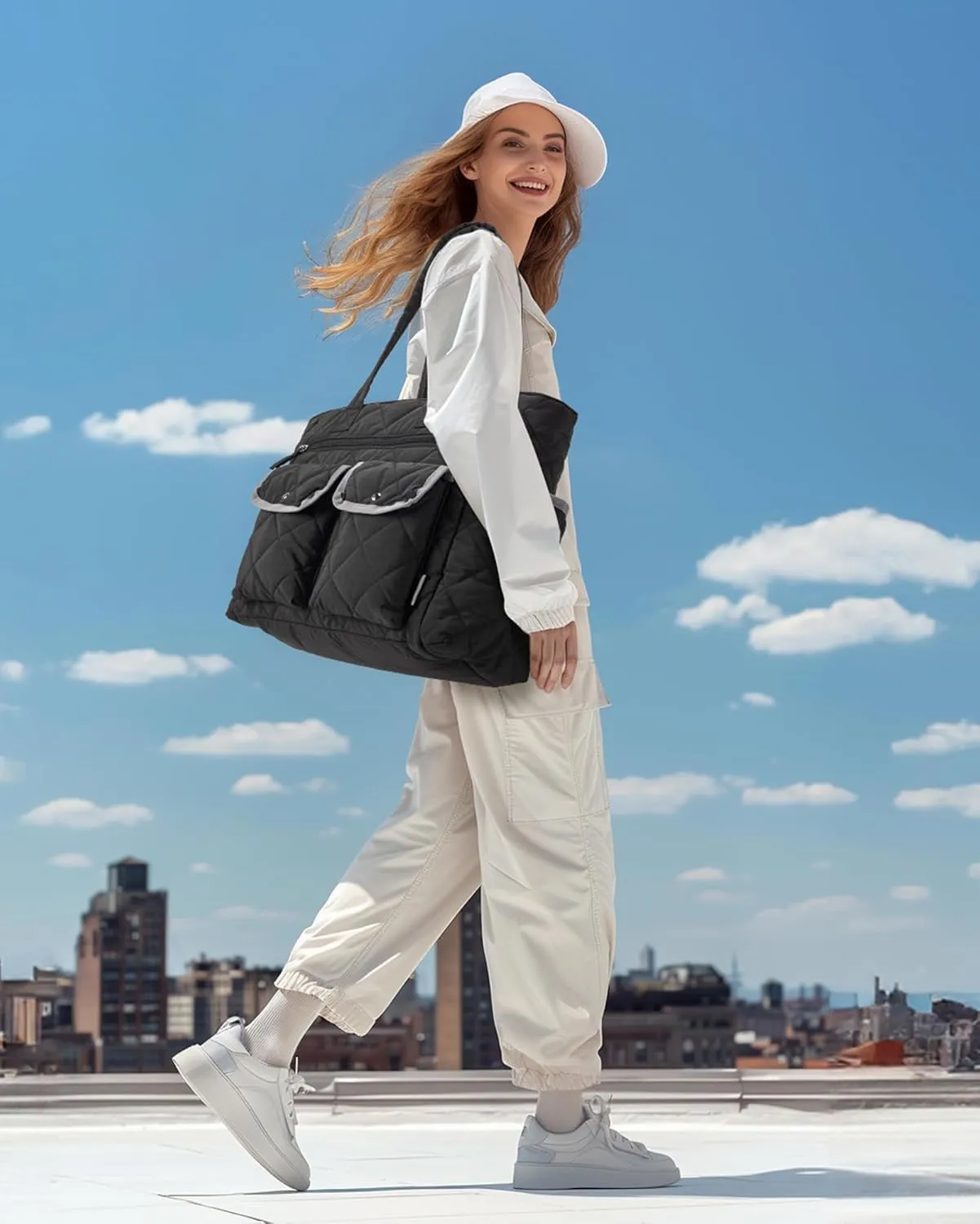 BAGSMART Tote Bag for Women, Tote Bag for Travel with Pocket, Large Puffy Quilted Shoulder Bag Handbag for Travel, Work, Gym