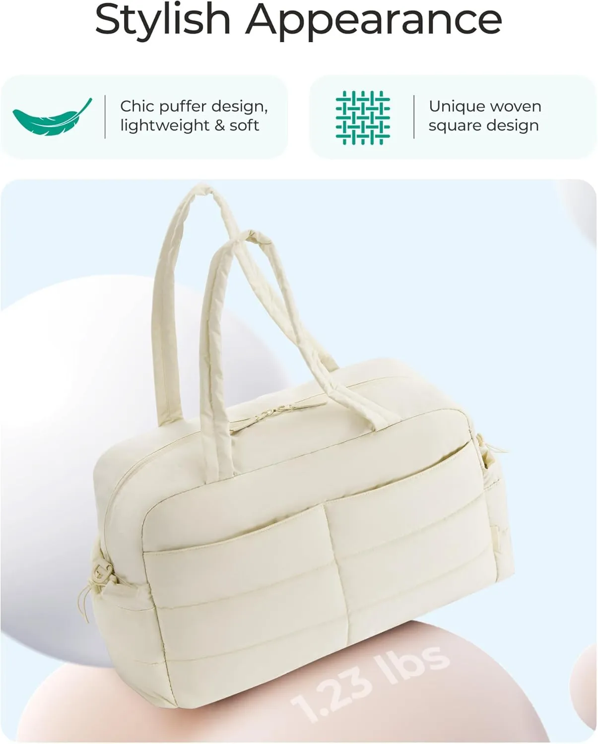 BAGSMART Travel Duffle Bag Gym Bag for Women, 31L Puffer Tote Bag Quilted Laptop Carry on, Weekender Overnight Bag Organizer Duffel Bag for Travel, Beige