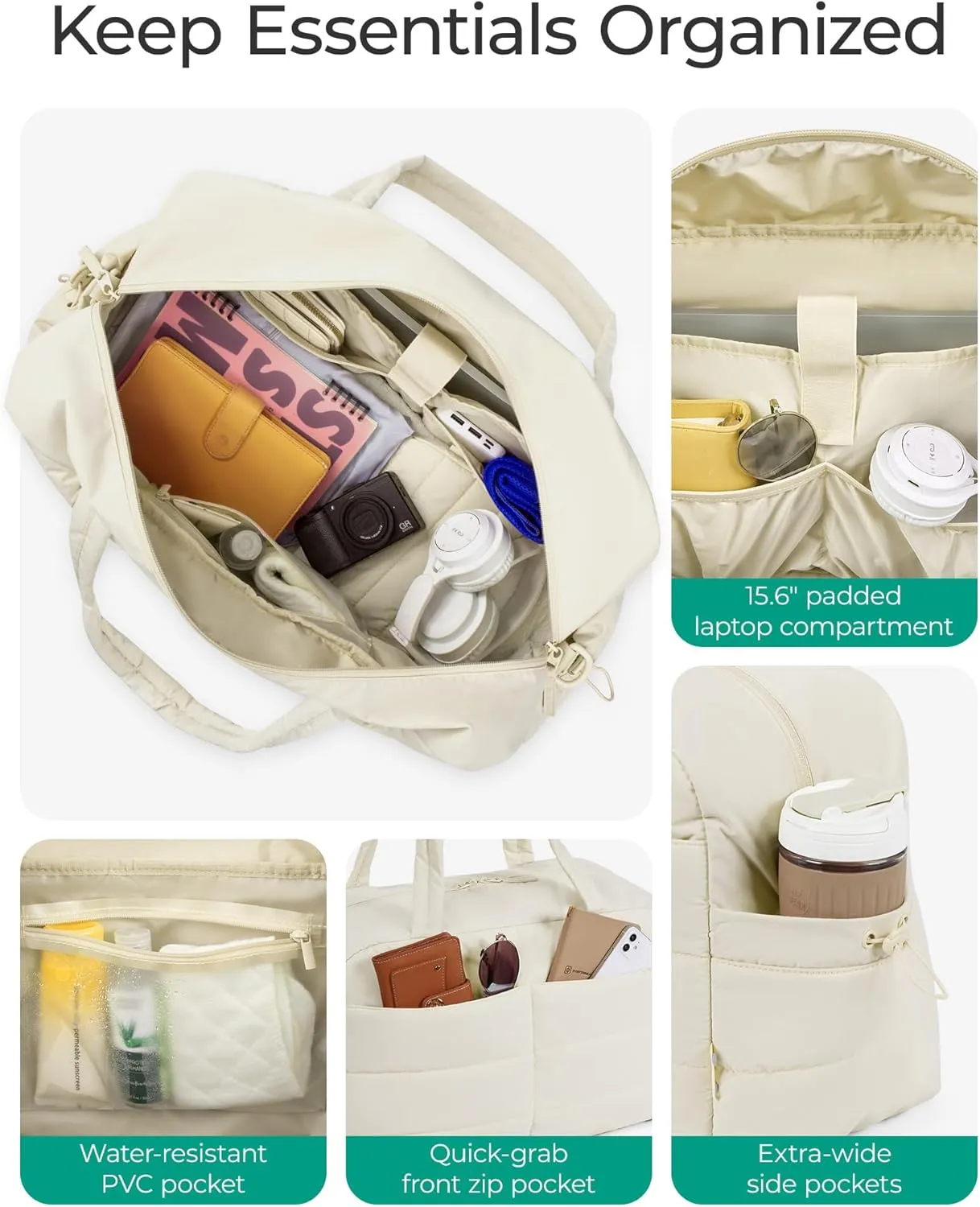 BAGSMART Travel Duffle Bag Gym Bag for Women, 31L Puffer Tote Bag Quilted Laptop Carry on, Weekender Overnight Bag Organizer Duffel Bag for Travel, Beige