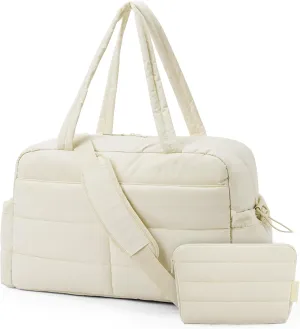BAGSMART Travel Duffle Bag Gym Bag for Women, 31L Puffer Tote Bag Quilted Laptop Carry on, Weekender Overnight Bag Organizer Duffel Bag for Travel, Beige