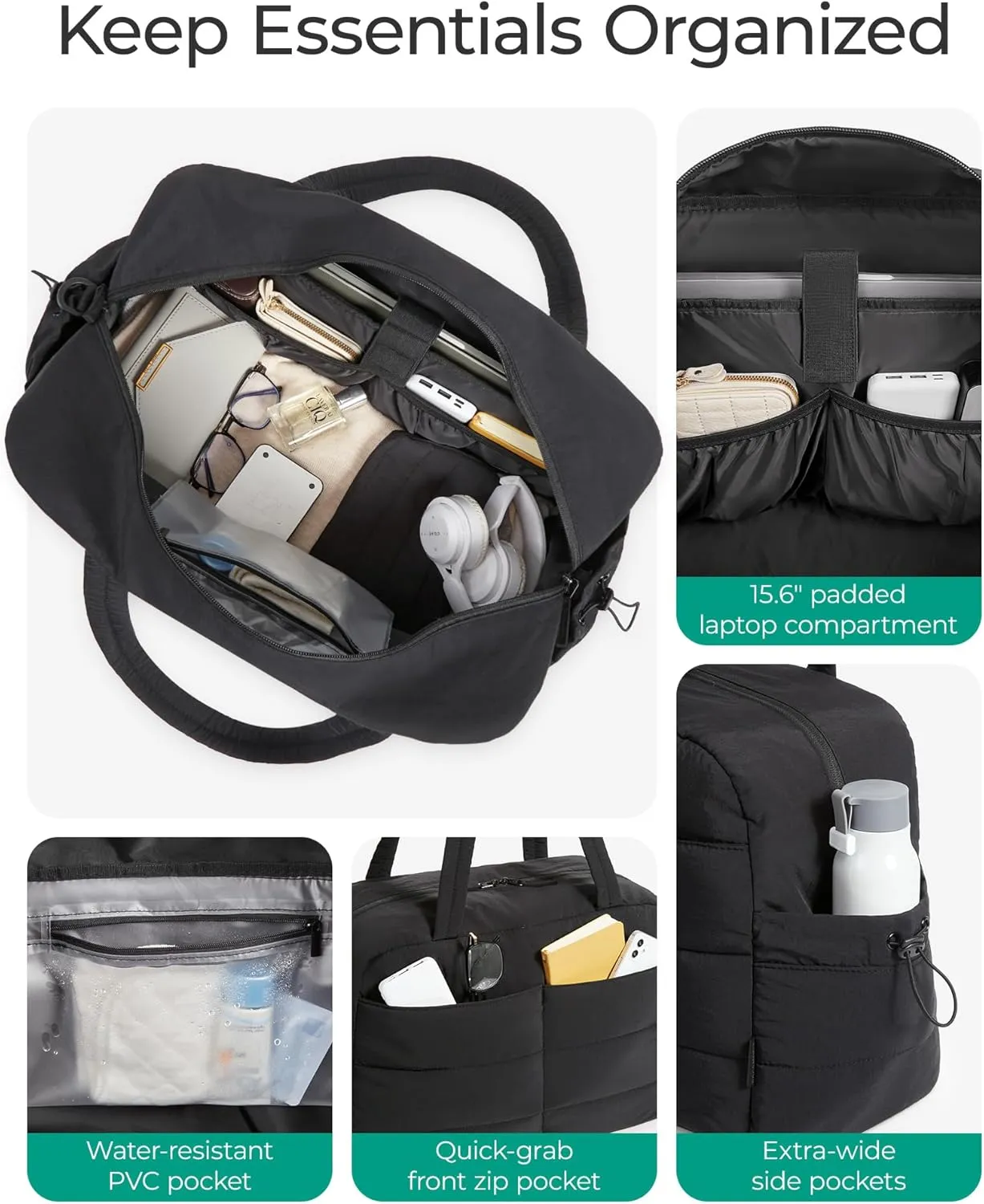 BAGSMART Travel Duffle Bag Gym Bag for Women, 31L Puffer Tote Bag Quilted Laptop Carry on, Weekender Overnight Bag Organizer Duffel Bag for Travel, Black