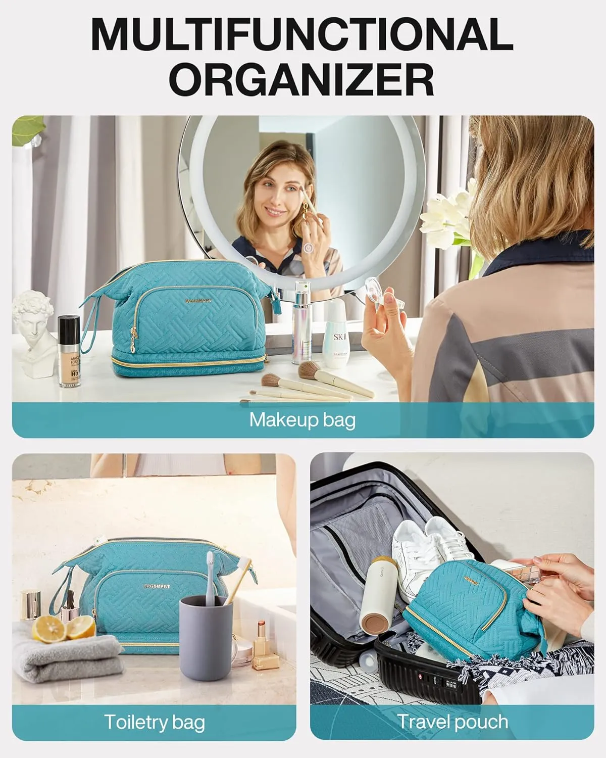 BAGSMART Travel Makeup Bag, Cosmetic Bag Make Up Organizer Case,Large Wide-open Pouch for Women Purse for Toiletries Accessories Brushes