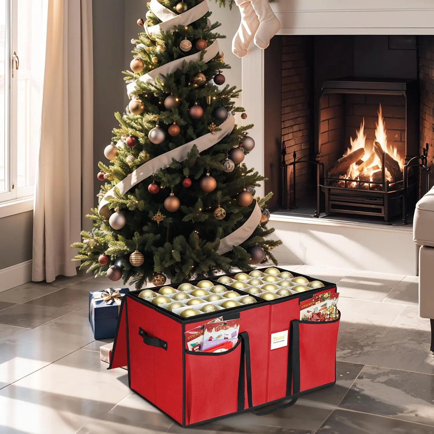 BALEINE Christmas Ornament Storage Box with Dividers, Premium Holiday Ornaments Storage Container Bin for Xmas Decorations (128 Ball, Grey, Without Tray)