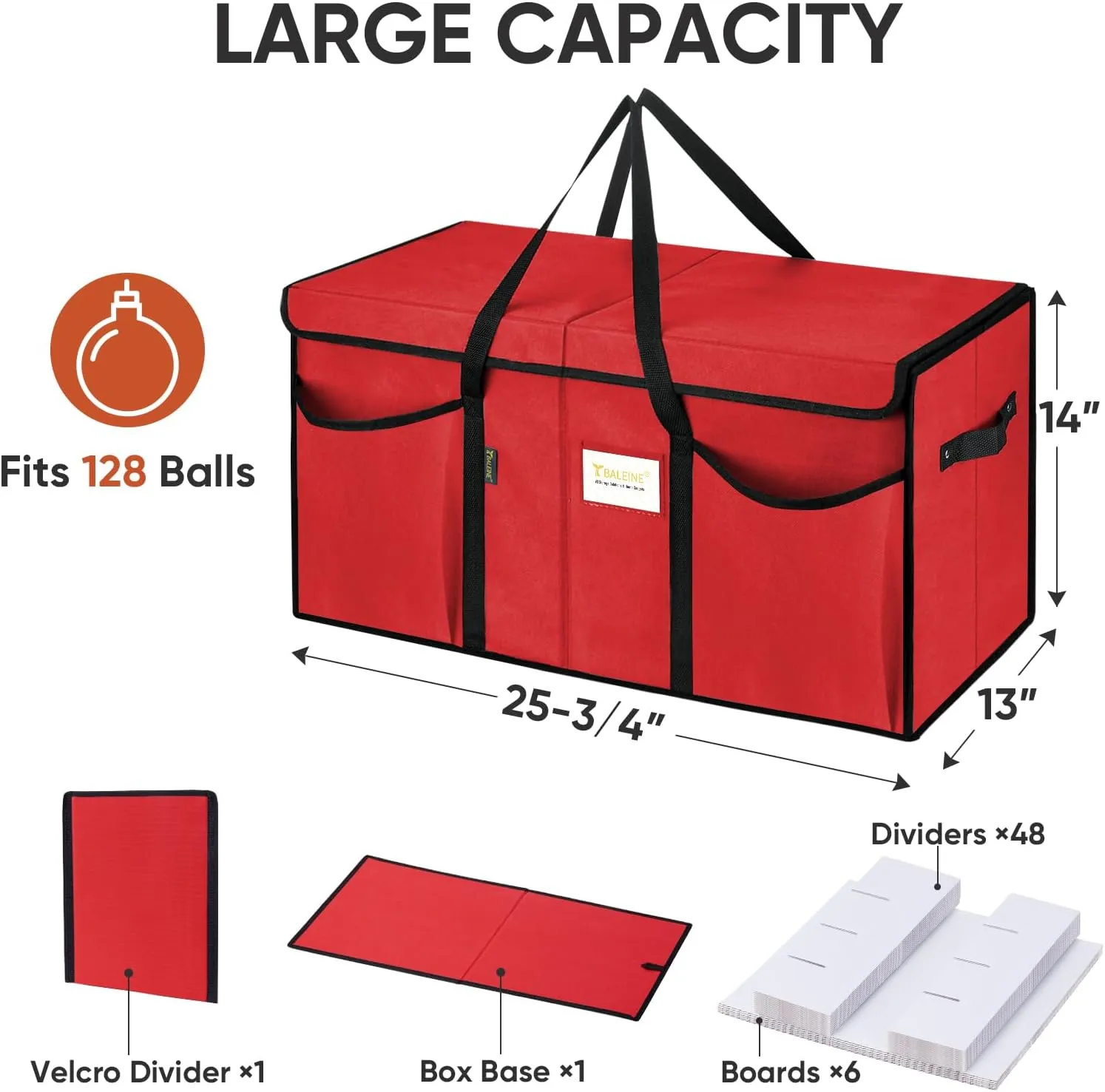 BALEINE Christmas Ornament Storage Box with Dividers, Premium Holiday Ornaments Storage Container Bin for Xmas Decorations (128 Ball, Grey, Without Tray)