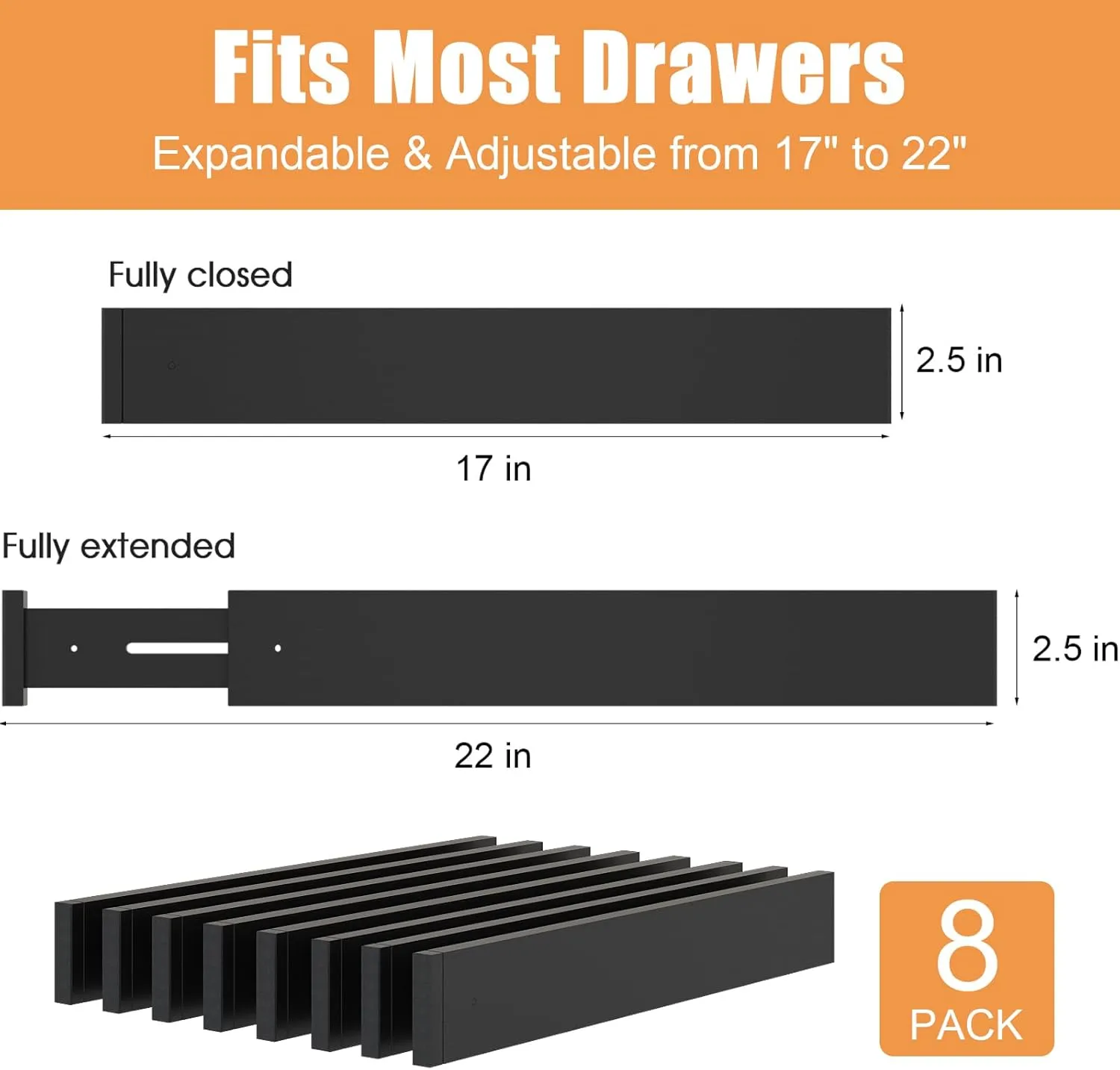 Bamboo Drawer Dividers,17-22" Adjustable Kitchen Drawer Organizer for Clothes,8 Pack Expandable Drawer Organization Separators for Bedroom,Bathroom,Dresser and Office,Black
