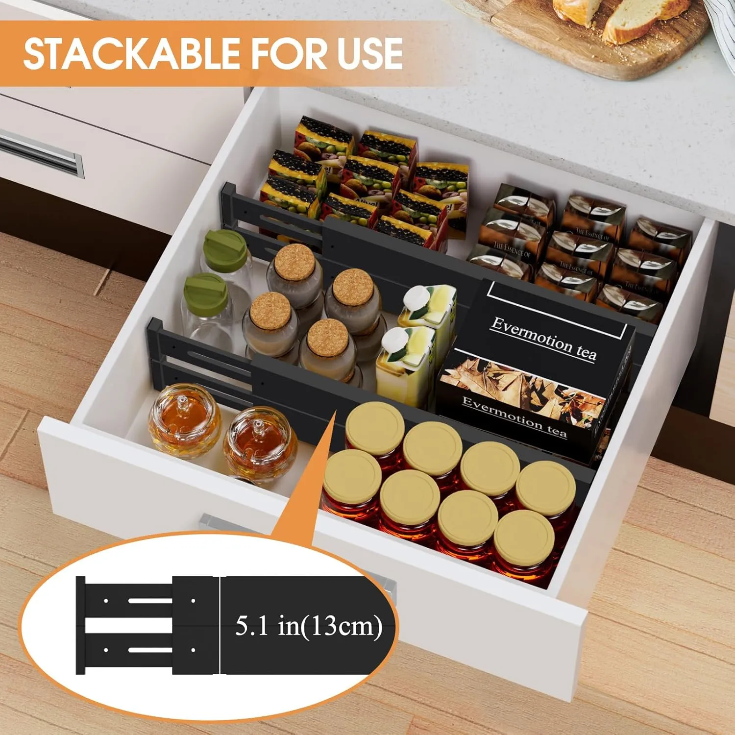 Bamboo Drawer Dividers,17-22" Adjustable Kitchen Drawer Organizer for Clothes,8 Pack Expandable Drawer Organization Separators for Bedroom,Bathroom,Dresser and Office,Black