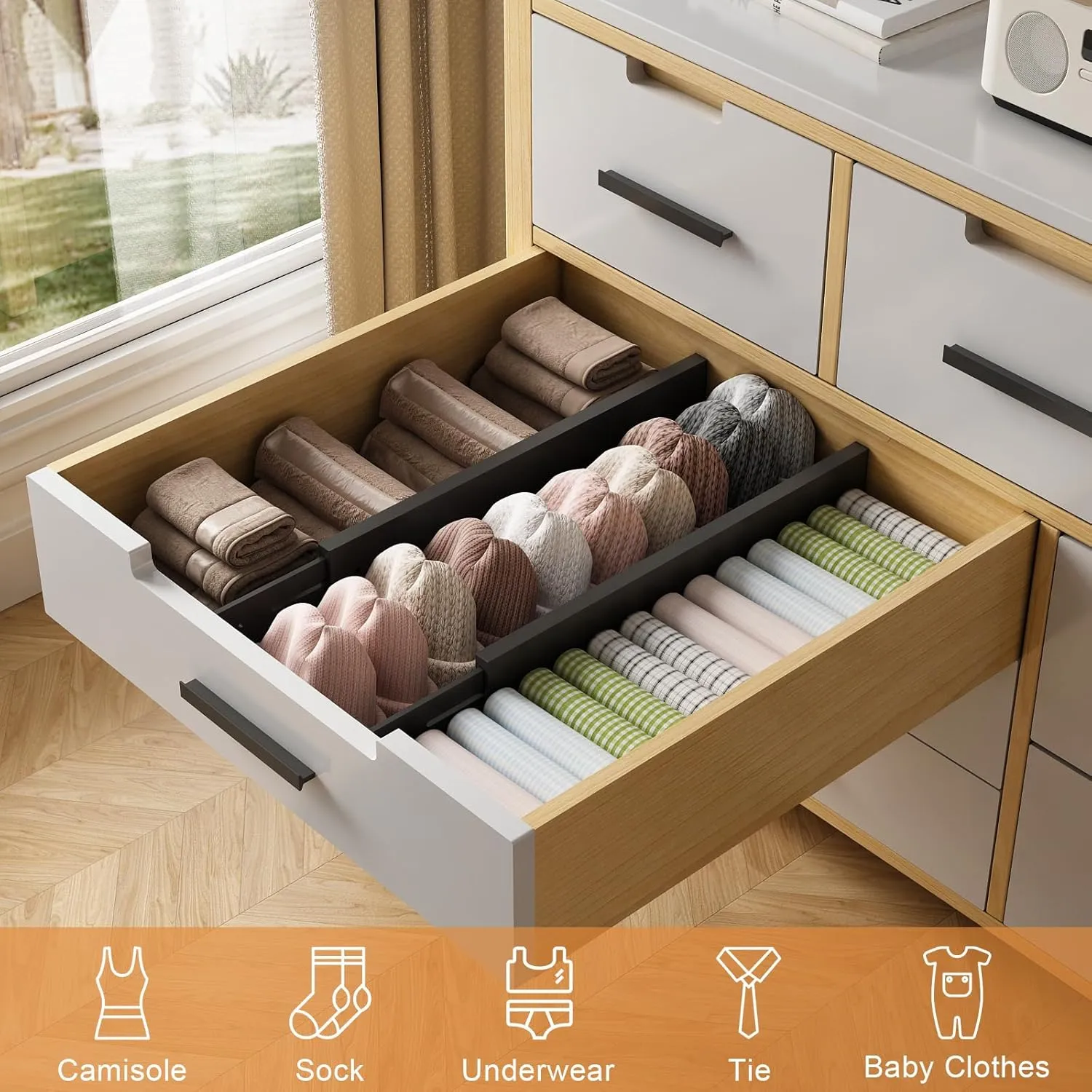 Bamboo Drawer Dividers,17-22" Adjustable Kitchen Drawer Organizer for Clothes,8 Pack Expandable Drawer Organization Separators for Bedroom,Bathroom,Dresser and Office,Black