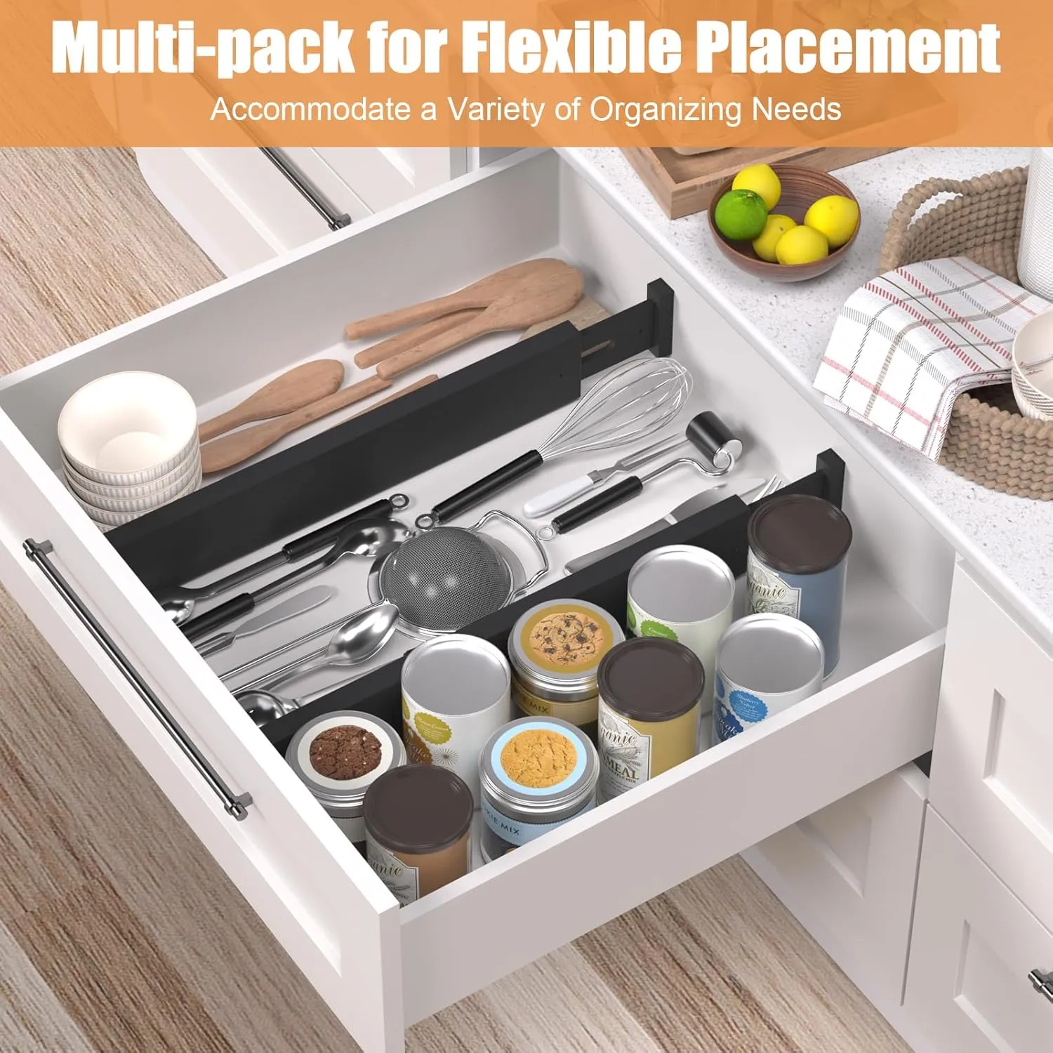 Bamboo Drawer Dividers,17-22" Adjustable Kitchen Drawer Organizer for Clothes,8 Pack Expandable Drawer Organization Separators for Bedroom,Bathroom,Dresser and Office,Black