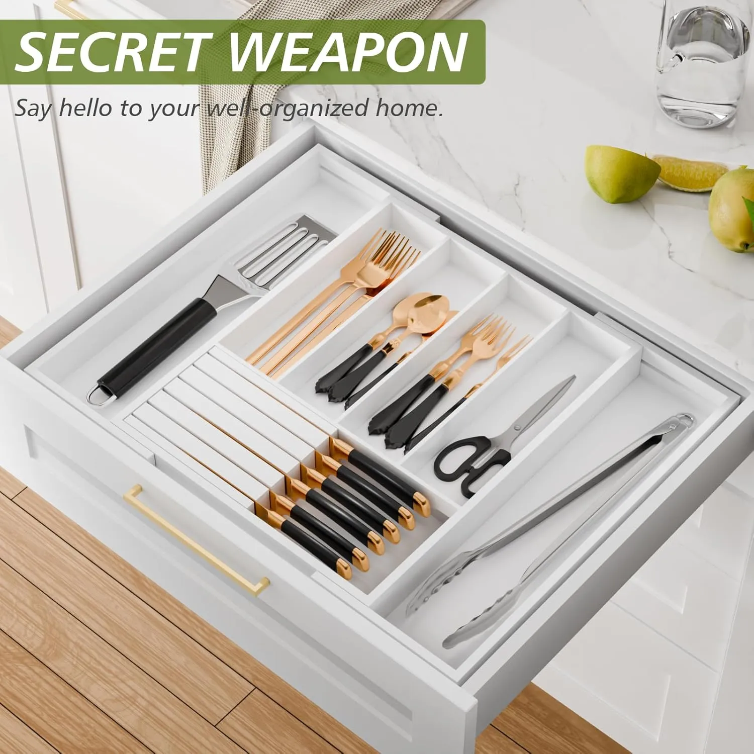 Bamboo Kitchen Silverware Drawer Organizer - Expandable Wood Utensil Holder with Dividers, Luxury Cutlery Storage Tray for Kitchen Utensil and Flatware (5-7 Slots with Removable Knife Block, (White)