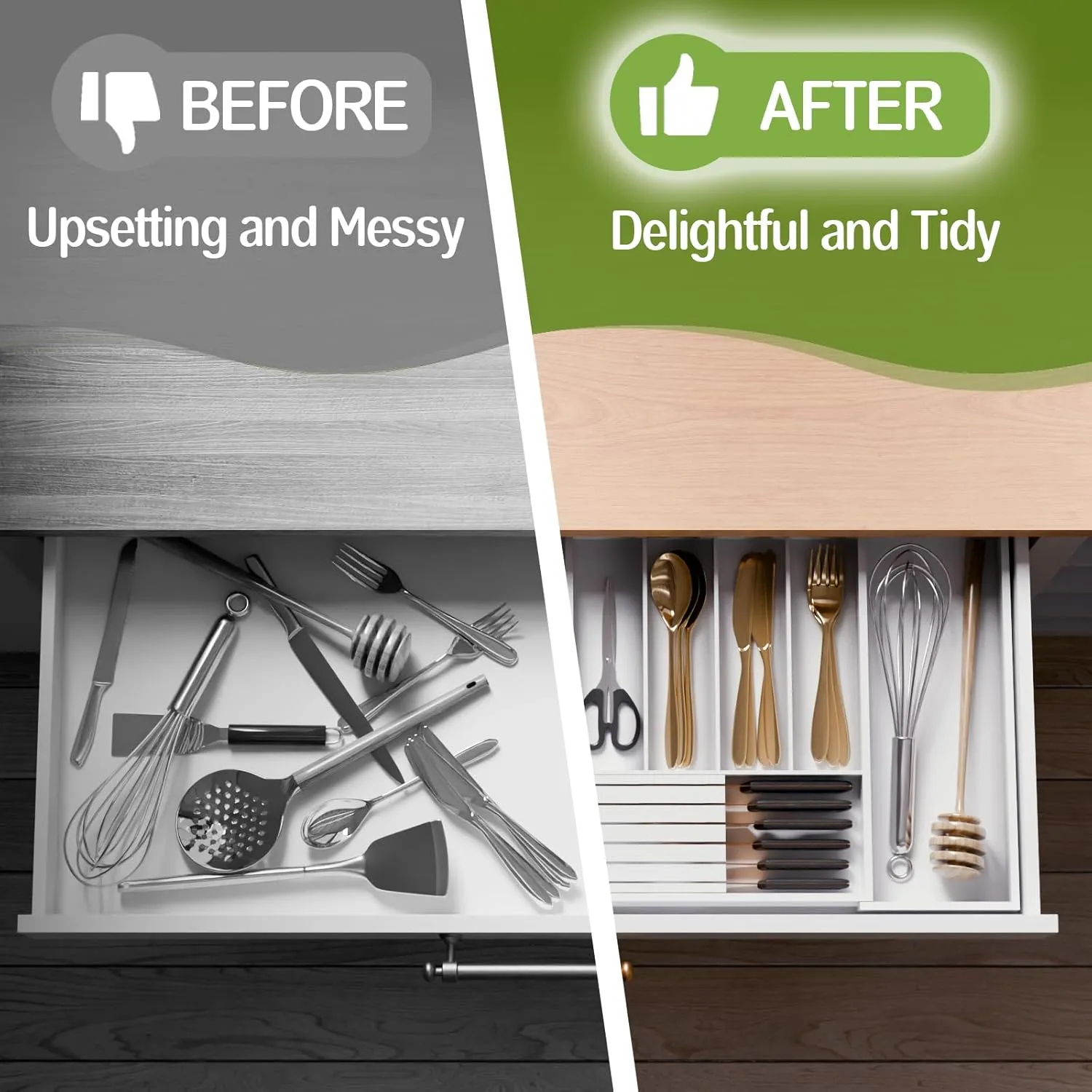 Bamboo Kitchen Silverware Drawer Organizer - Expandable Wood Utensil Holder with Dividers, Luxury Cutlery Storage Tray for Kitchen Utensil and Flatware (5-7 Slots with Removable Knife Block, (White)