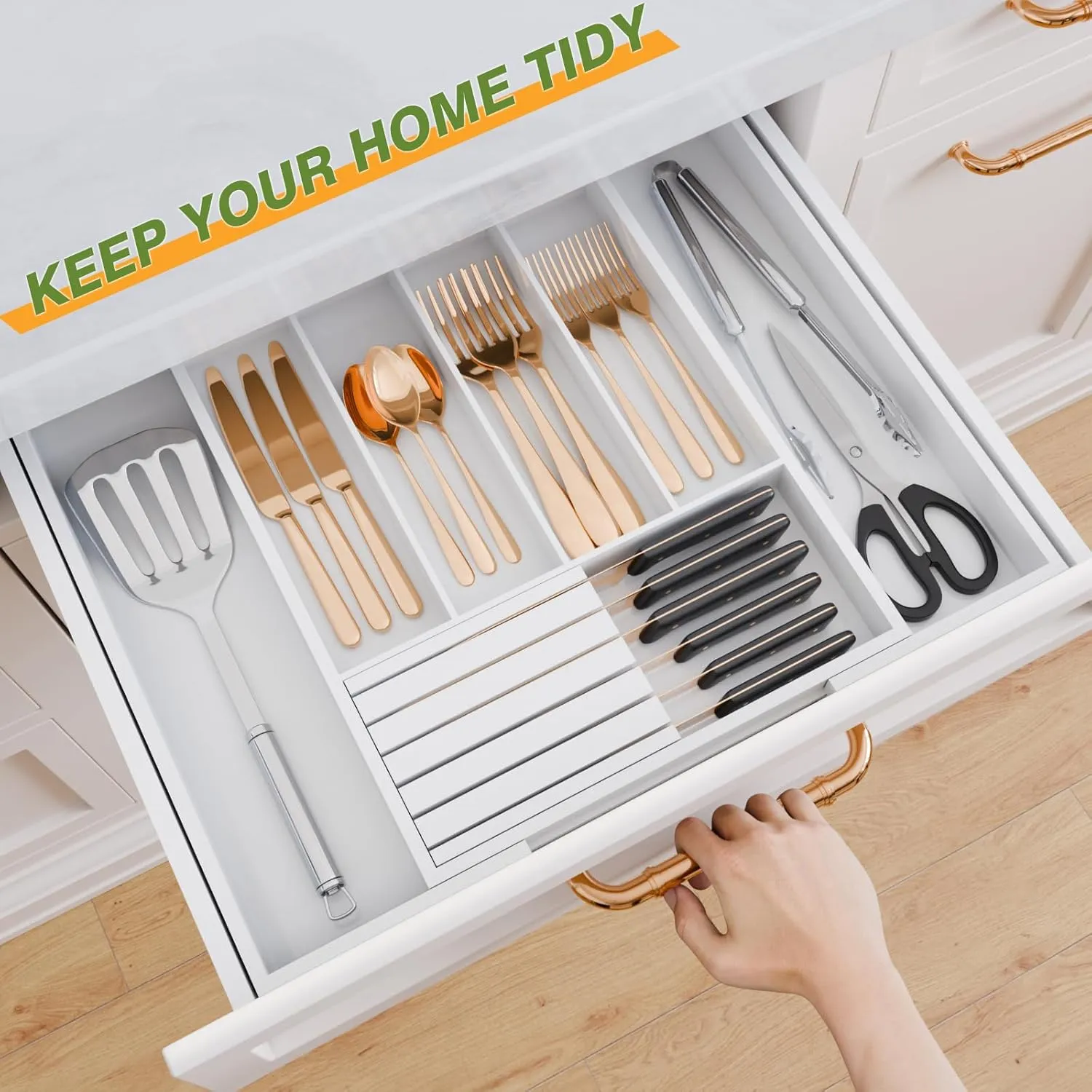 Bamboo Kitchen Silverware Drawer Organizer - Expandable Wood Utensil Holder with Dividers, Luxury Cutlery Storage Tray for Kitchen Utensil and Flatware (5-7 Slots with Removable Knife Block, (White)